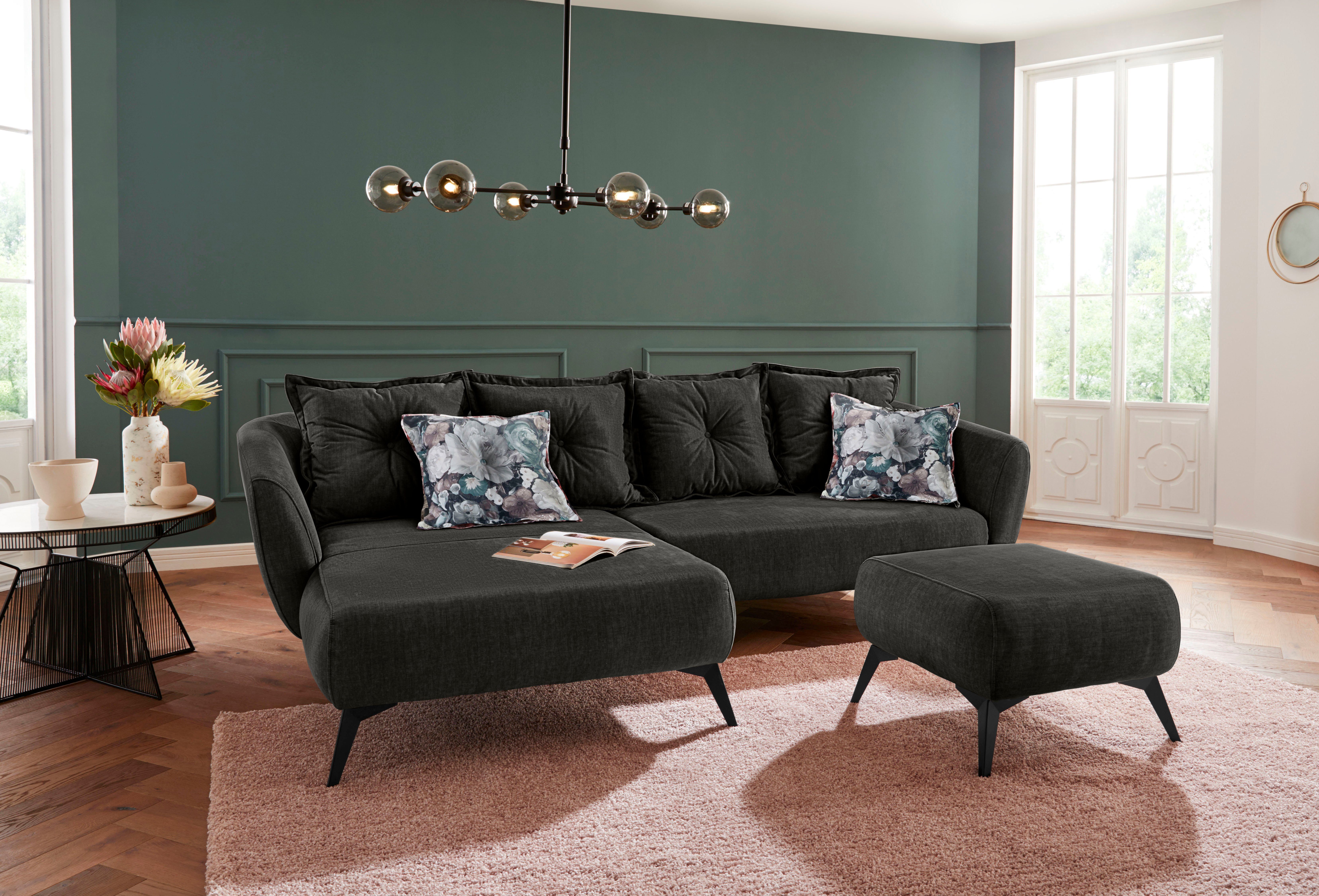 Home affaire Ecksofa Baggio romantische Polsterecke, bequem, Breite 277 cm, L-Form, Zierkissen inklusive, schwarze Metallfüße