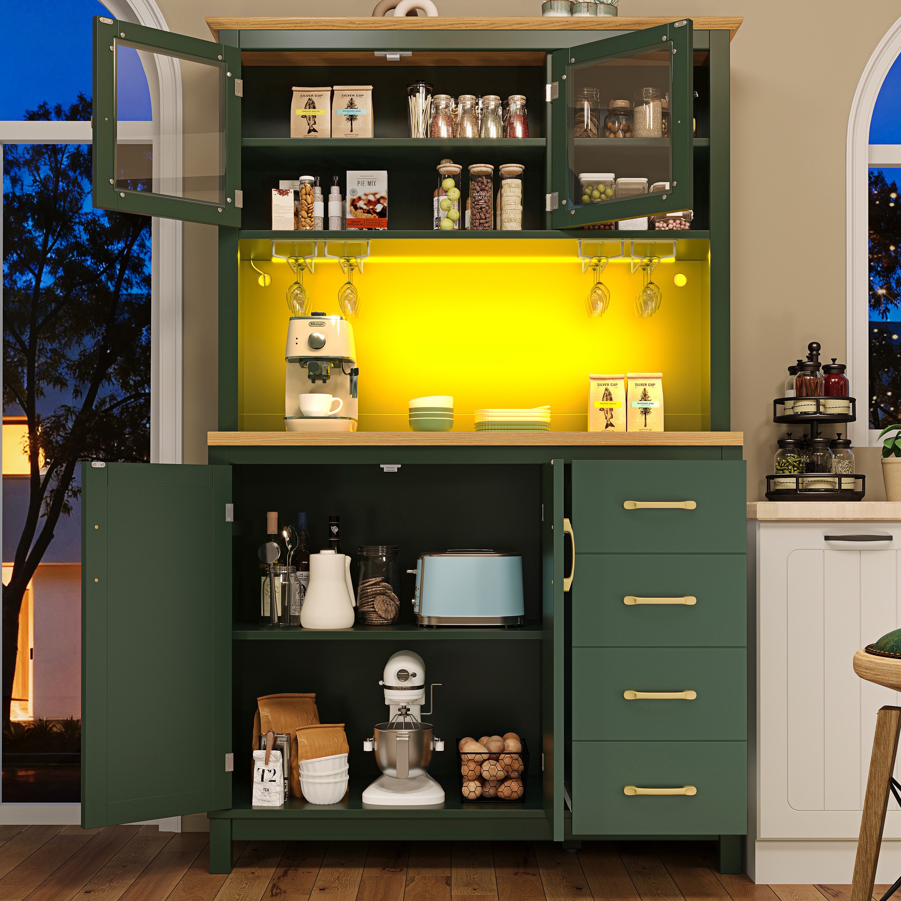 Flieks Küchenbuffet mit Arbeitsplatte in Holzoptik, LED-Beleuchtung, Glastür und Schublade (1-St., B105,5/T40/H180 cm) Hochschrank Küchenschrank Mehrzweckschrank Geschirrschrank Grün