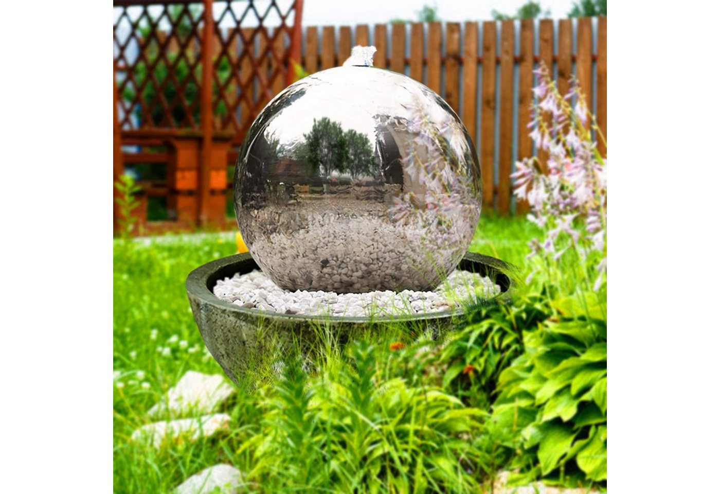 Köhko Zimmerbrunnen Kugelbrunnen aus Edelstahl mit LED-Beleuchtung und Harzbecken