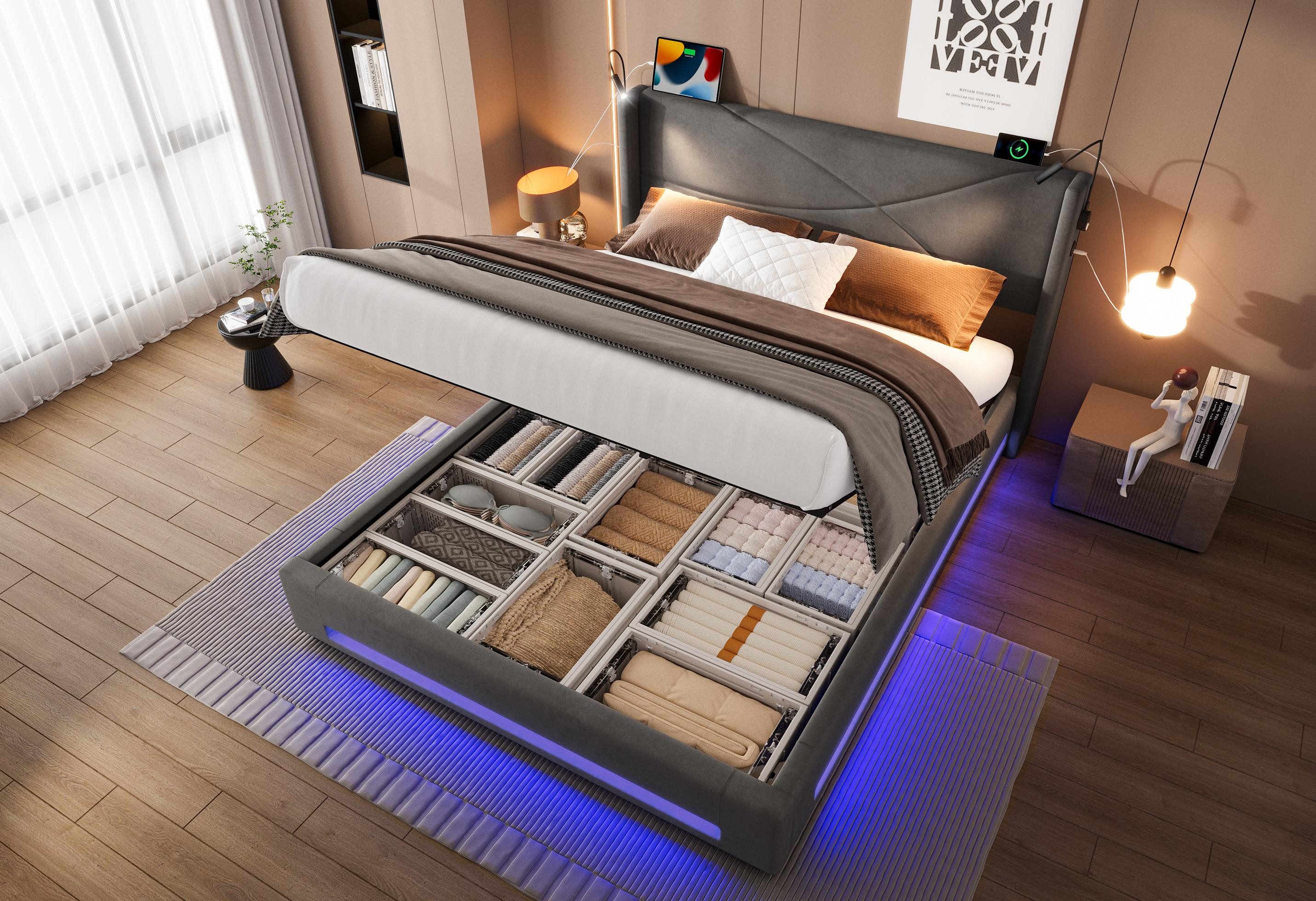 LVHOM Boxbett 140x200/160x200cm, Bettgestell mit integrierter Beleuchtung & günstig online kaufen