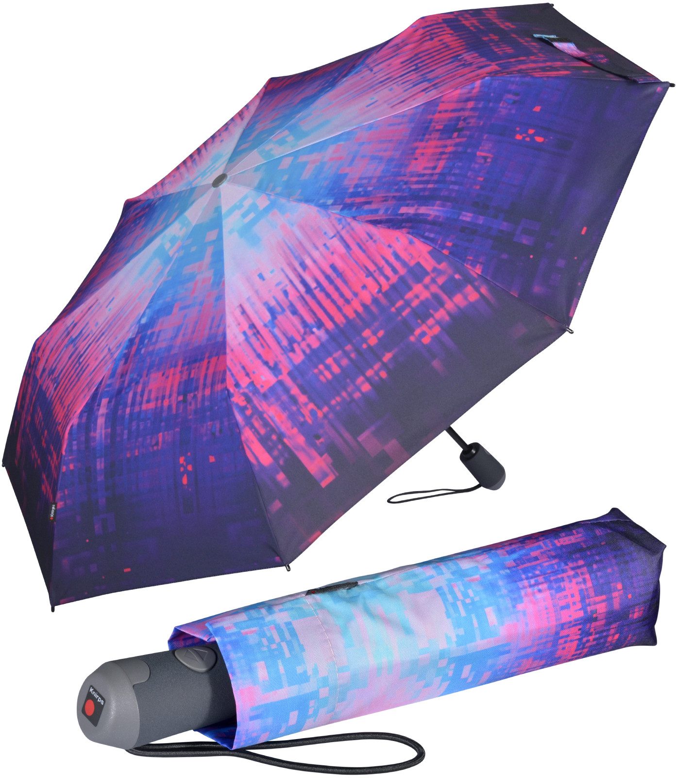 Knirps® Taschenregenschirm E.200 Duomatic mit leichtgängiger Auf-Zu-Automatik, mit abstraktem, blau-rosa Pixel-Muster
