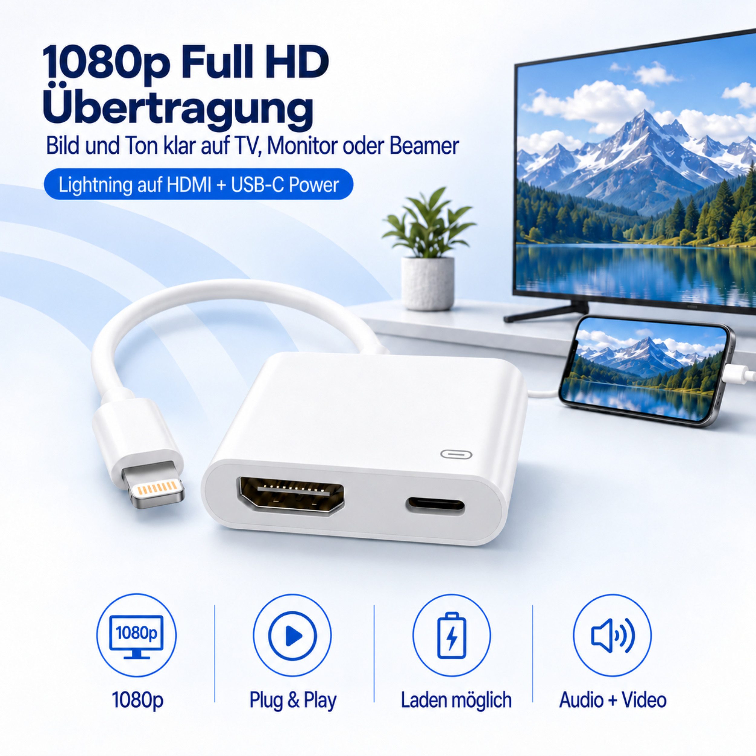 PlugUp Lightning auf HDMI Adapter für iPhone & iPad zur Bildschirmspiegelung HDMI-Adapter Lightning zu HDMI Typ A, HDMI Adapter mit 1080p Full HD @ 30Hz, Plug & – Bild 3 von 5