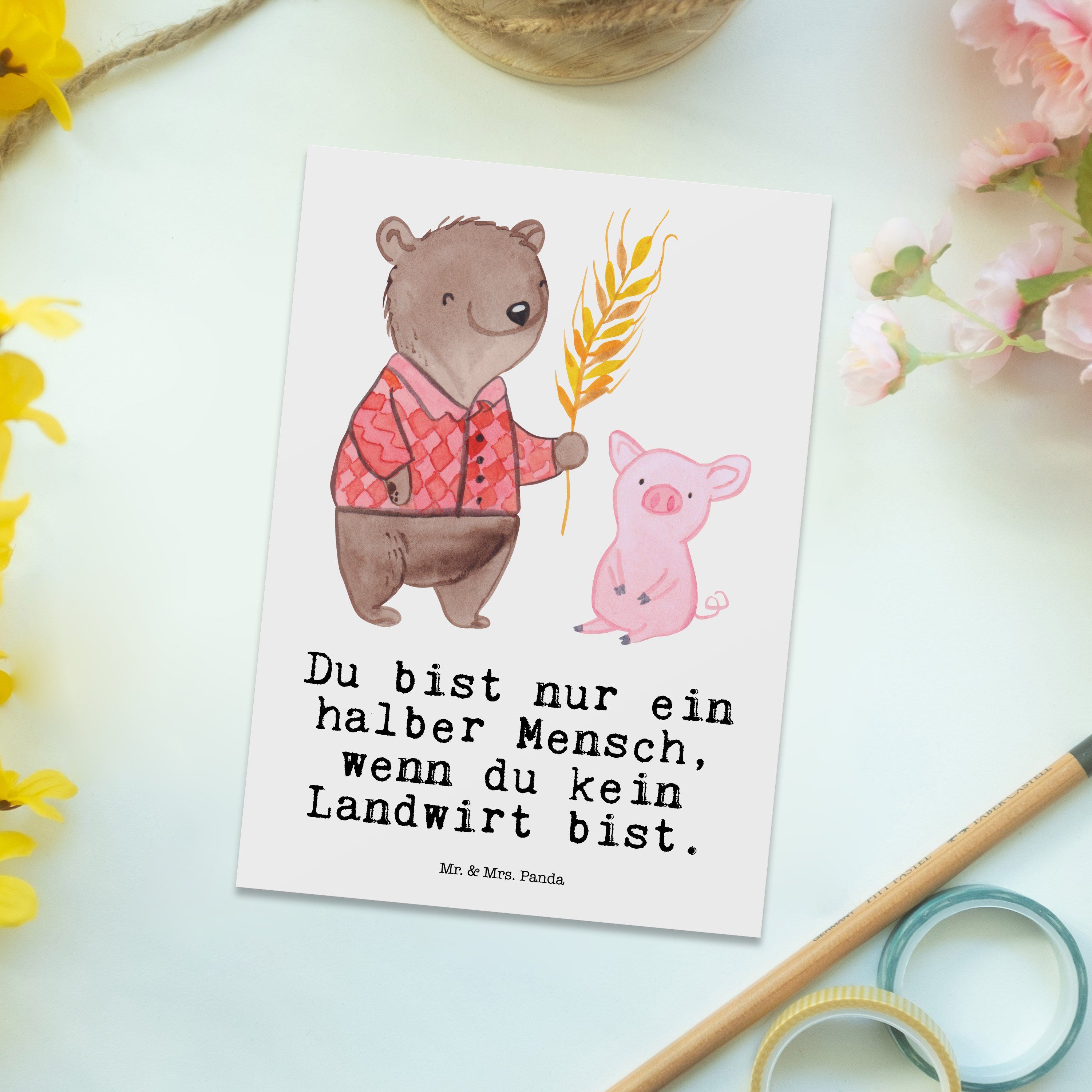Mr. & Mrs. Panda Postkarte Schen Weiß Landwirt mit Geschenk, Tierwirt, Einladungskarte, Herz - 