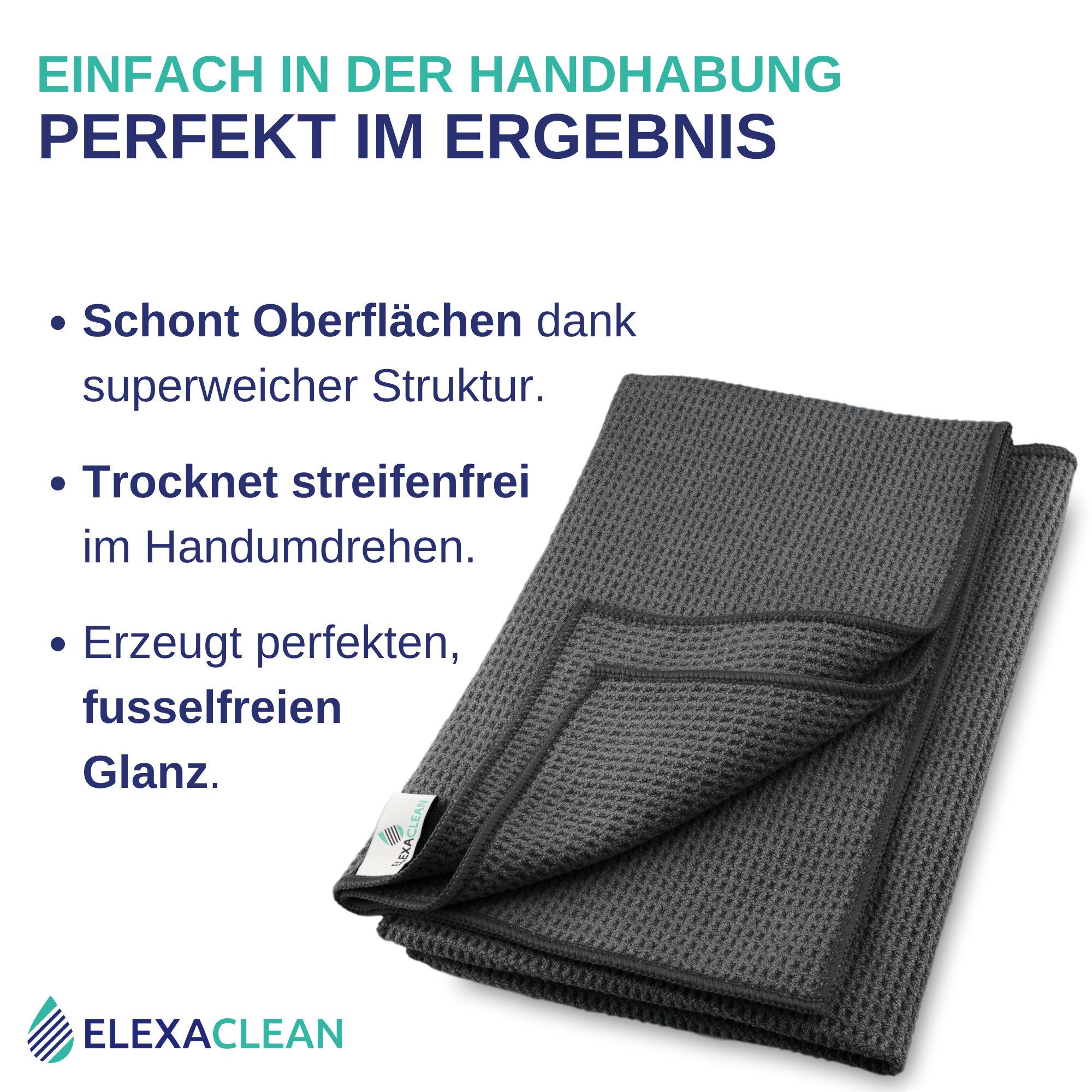 ELEXACLEAN Waffeltuch Trockentuch Mikrofasertuch (80% Polyester, 20% Polyamid, Set, 2-tlg., 60x40 cm, streifenfrei, fusselfrei, saugstark)