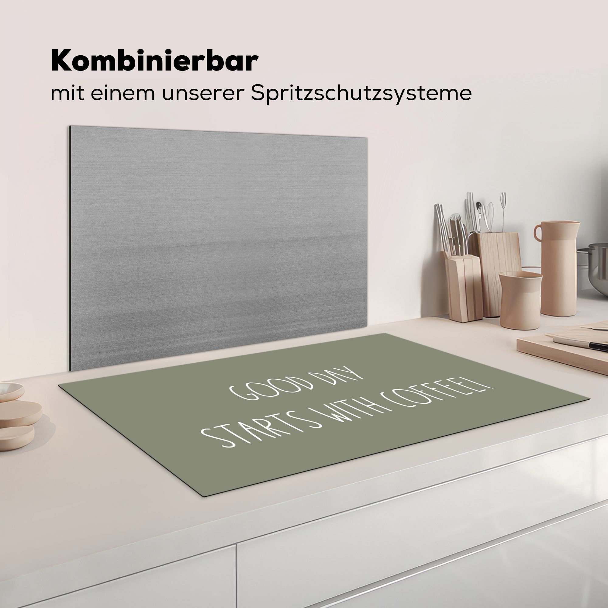 MuchoWow Herdblende-/Abdeckplatte - Vinyl, Arbeitsplatte Ein Zitate Sprichwörter - Kaffee! beginnt cm, tlg), (1 - guter Ceranfeldabdeckung, Kaffee, 83x51 Tag küche für mit