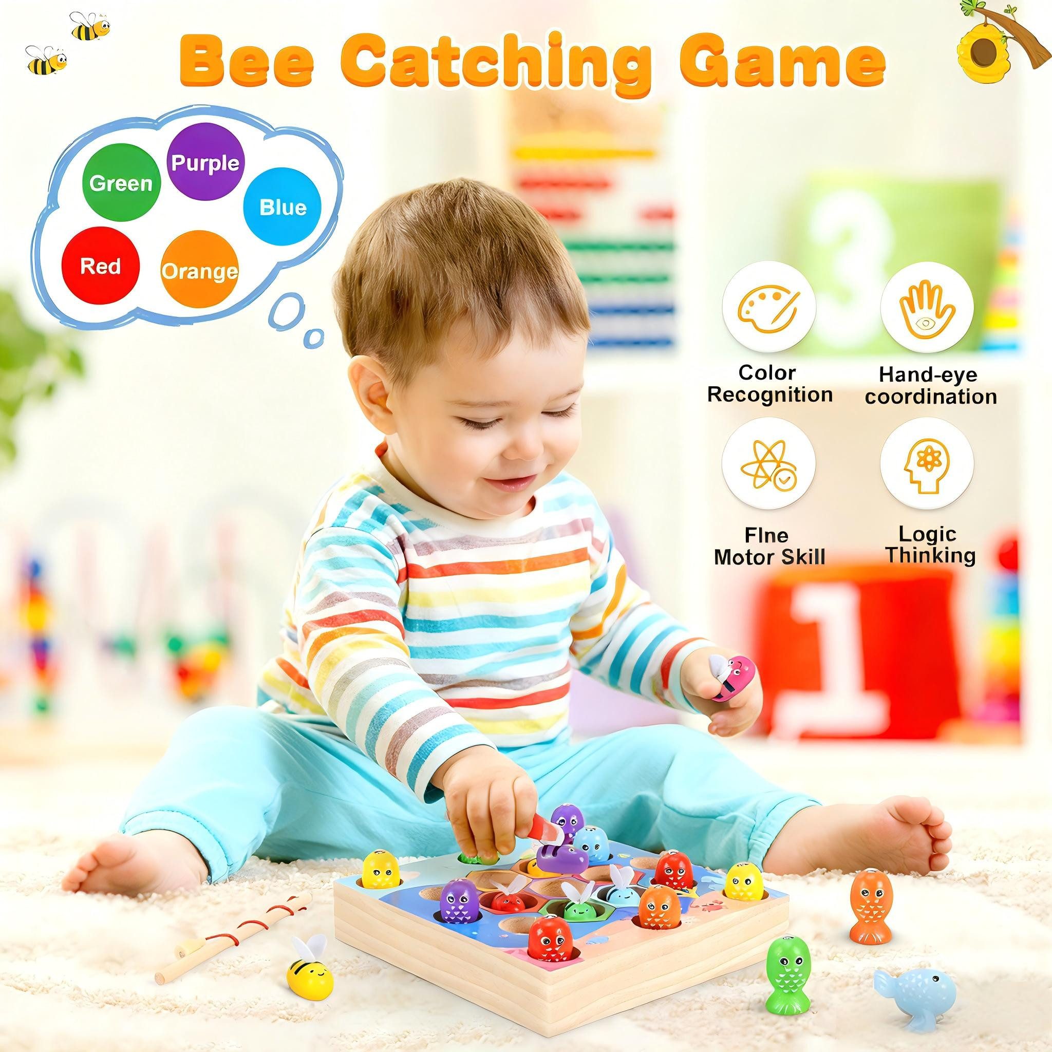 POPOLIC Lernspielzeug Magnetisches Angelspiel & Bienensortierspielzeug für Kleinkinder (1-St., Montessori-Holzspielzeug für 2-, 3- und 4-Jährige), pädagogisches – Bild 3 von 5
