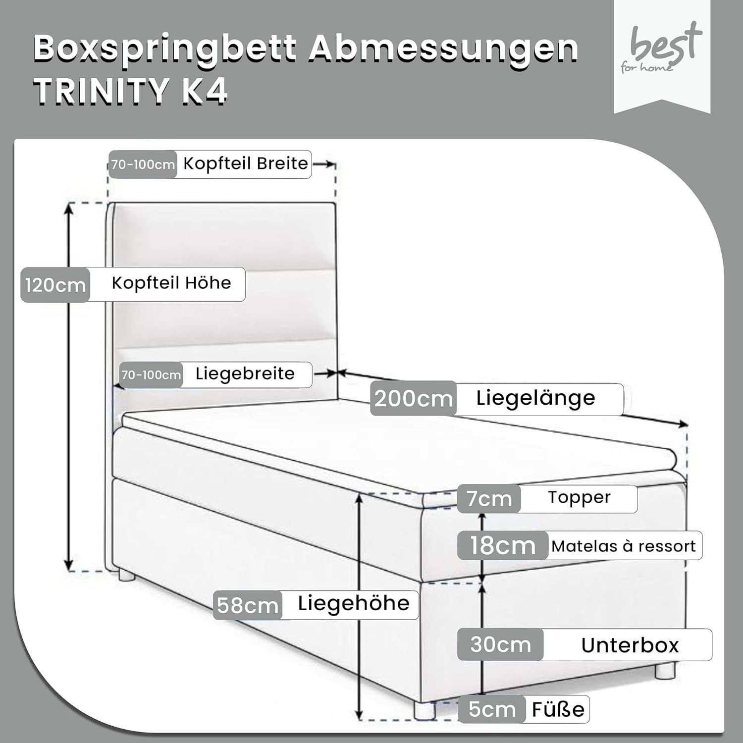 Best for Home Boxspringbett Trinity K-4 Einzelbett mit Bettkasten & Kopfteil – komfortabel & edel
