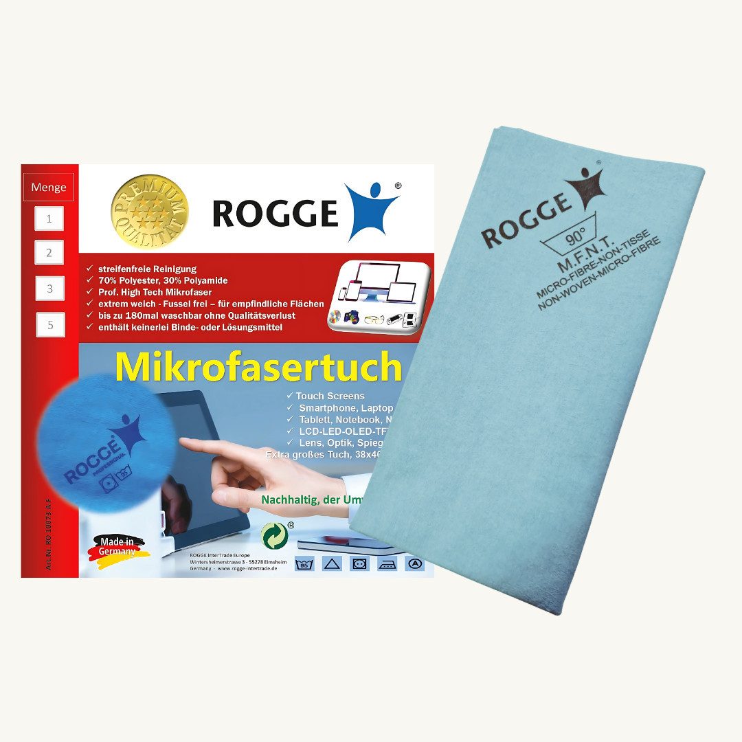 Rogge 5er Pack ROGGE Professional Microfasertücher, 38x40cm Bildschirmreinigungstuch (Set, Spar-Set, 5-tlg., 5x Microfasertücher 38x40cm, blau, Streifenfreie Reinigung dank patentierter Microfaser)