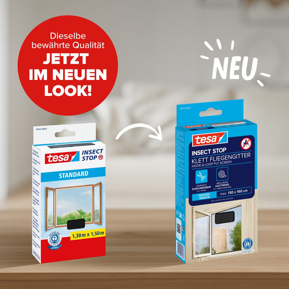 tesa Fliegengitter-Gewebe Klett Fliegengitter für Fenster - Insektenschutz - 130x150 cm, (Packung, 3-St., Fliegennetz, Klettband), mit Klettband, zuschneidbar - Mückenschutz ohne Bohren