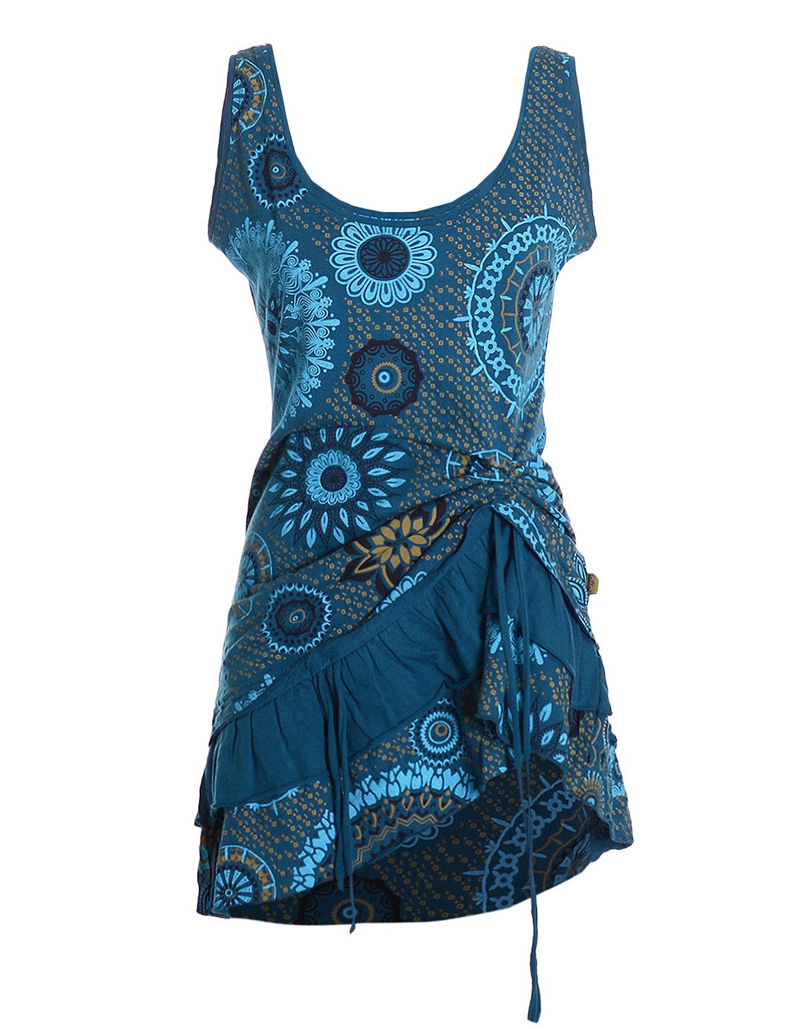 Vishes Sommerkleid Damen Ärmellos Bedruckt Rüschen Raffung Baumwolle Alternative Mode, Boho, Hippie, Ethno, Festival