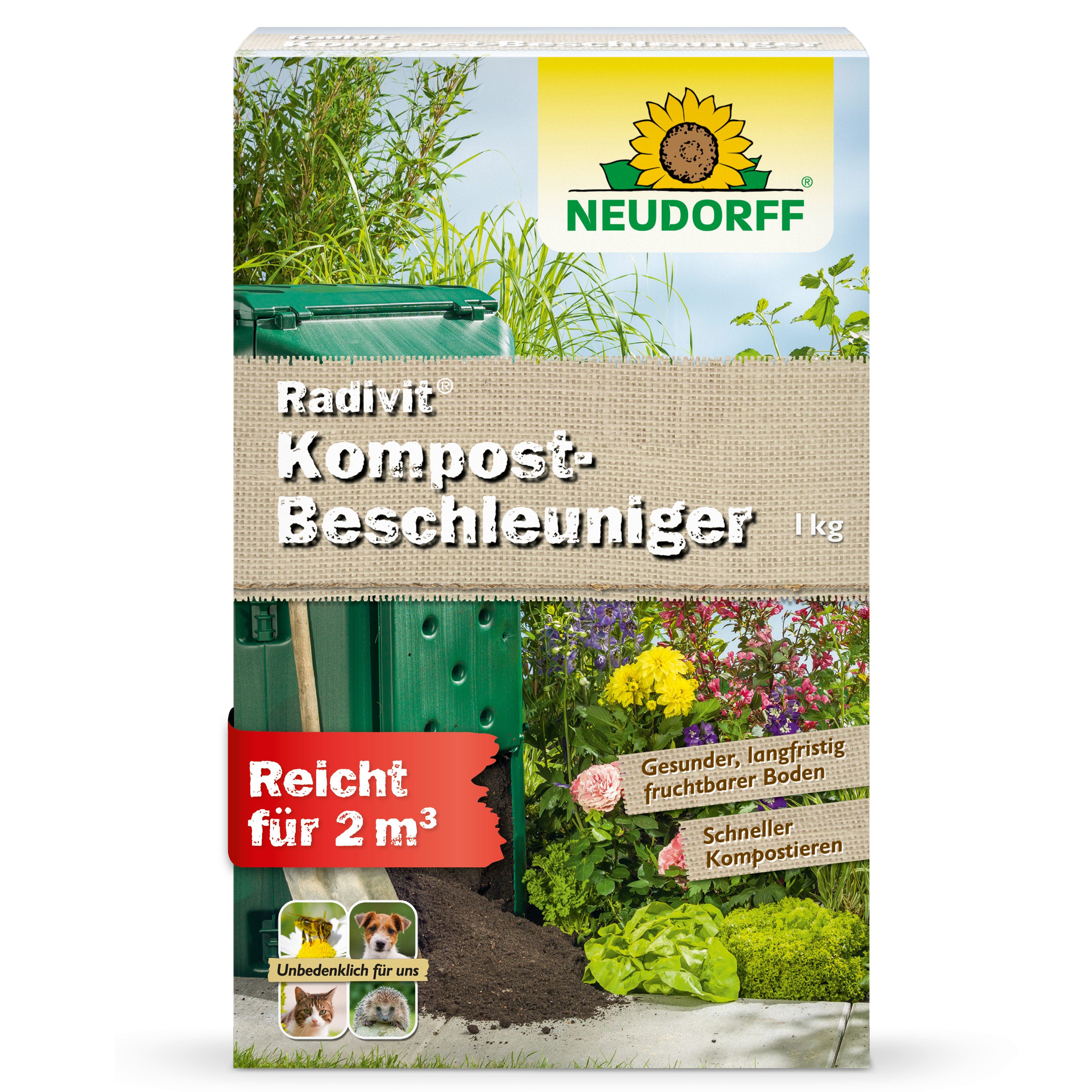 Neudorff Kompostbeschleuniger Radivit 1 kg, mit Organischer NPK-Dünger 8-3-4 mit Eisen, (Kompost-Beschleuniger mit Mikroorganismen, Für bis zu 33 m² Fläche oder 2 m³ Kompostmaterial), Mit lebenden Mikroorganismen und Mykorrhiza