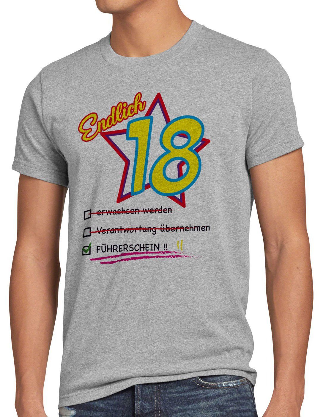 T-Shirt grau style3 18 Herren Endlich Geburtstag meliert Fun achtzehn Party volljährig Führerschein Print-Shirt