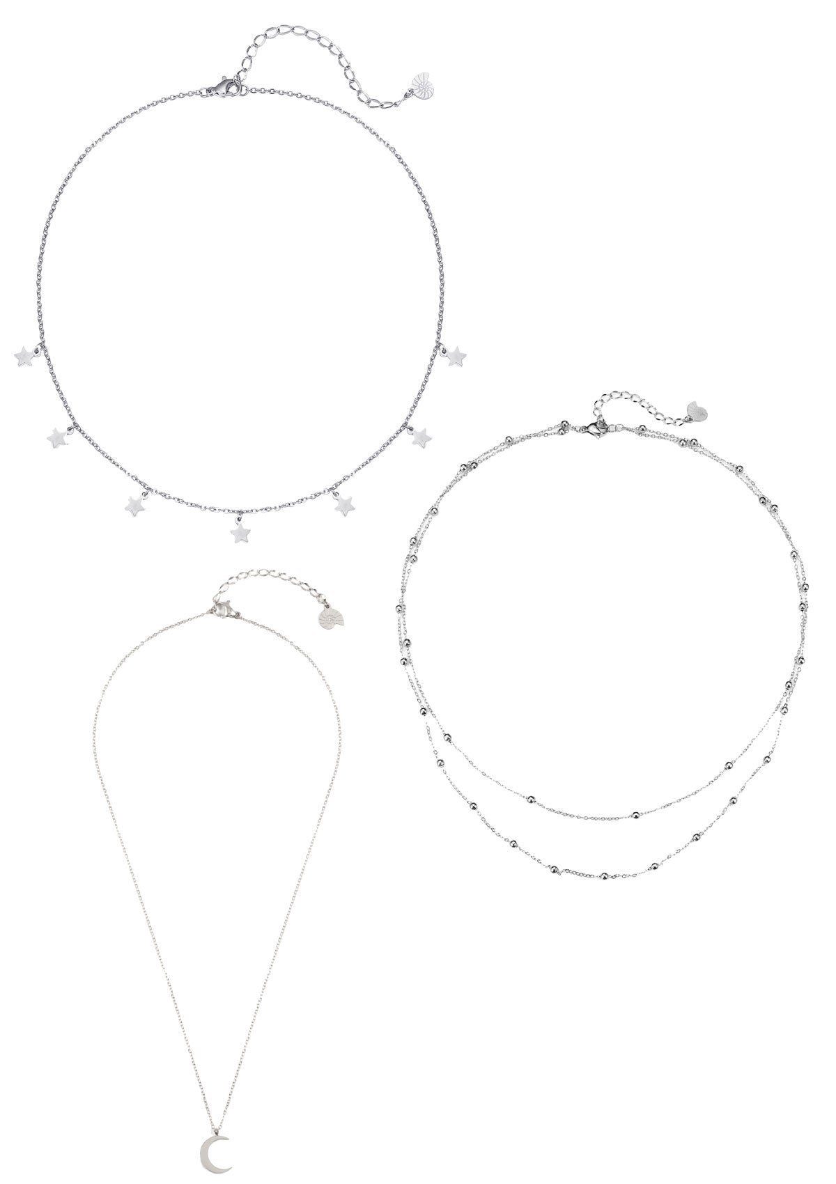 Hey Happiness Collier-Set Mond & Stern Ketten, Edelstahl vergoldet, Layer Schmuckset Damen 3-tlg., wasserfest