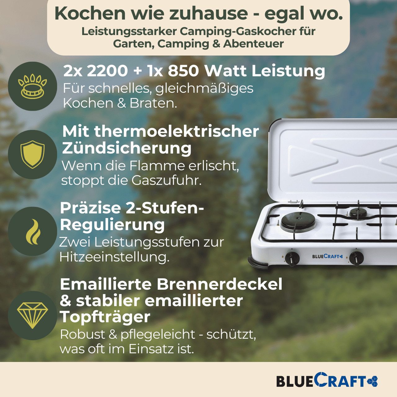 BlueCraft Gaskocher 3 flammig mit Zündsicherung 50mbar Propan Gas Campingkocher 5,25 kW, (mit Schlauch 100 cm und Gas Regler Druckminderer mit Manometer), Camping Gas Kocher 3 flammen für Gasflasche Gasherd Gas-Kochfeld