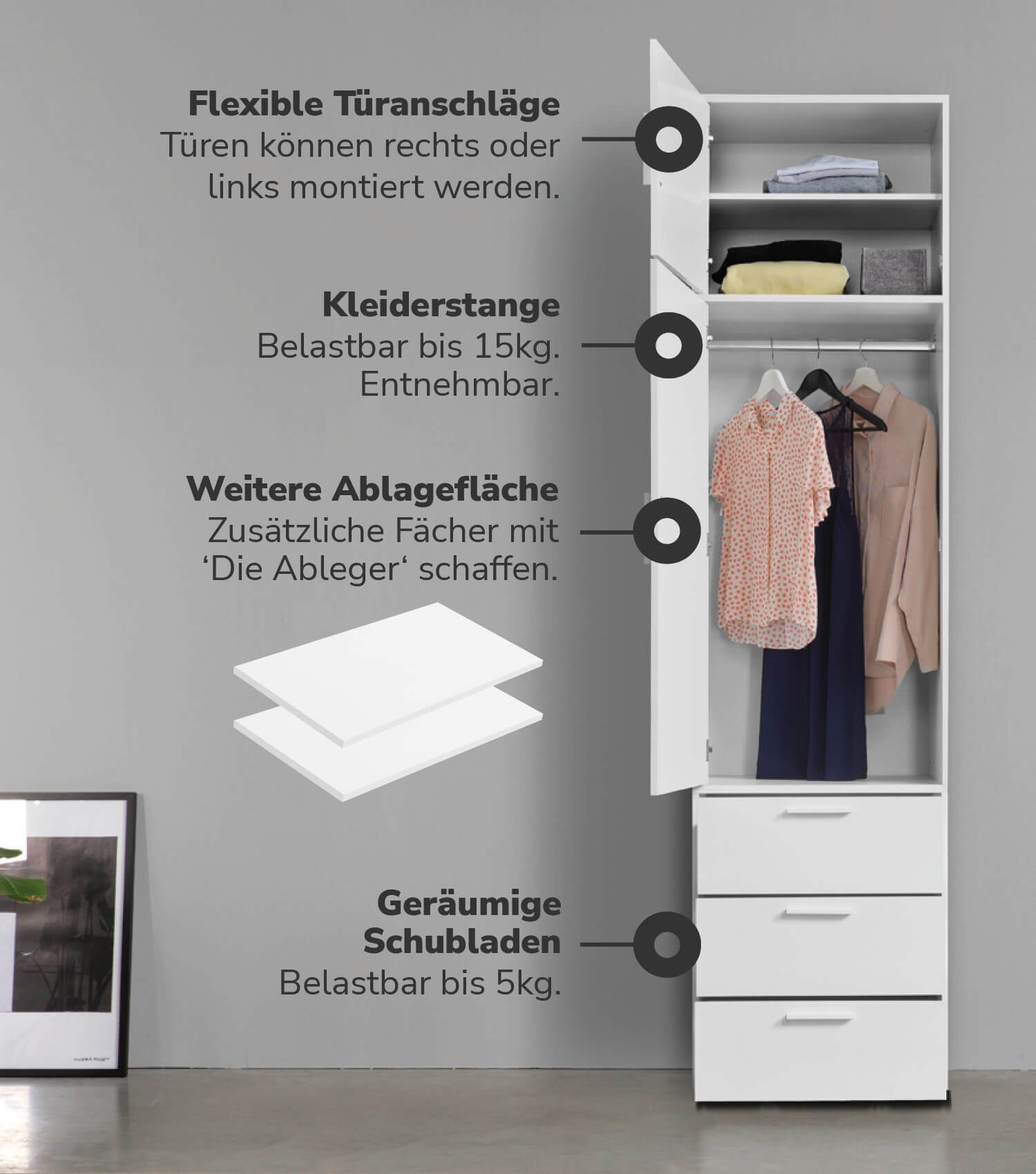 mokebo in Grenzenlose Schrank, (1-Türig Der & Schlafzimmerschrank Garderobenschrank, Weiß deckenhoher Weiß Schubladen) Weiß | 3 Kleiderschrank