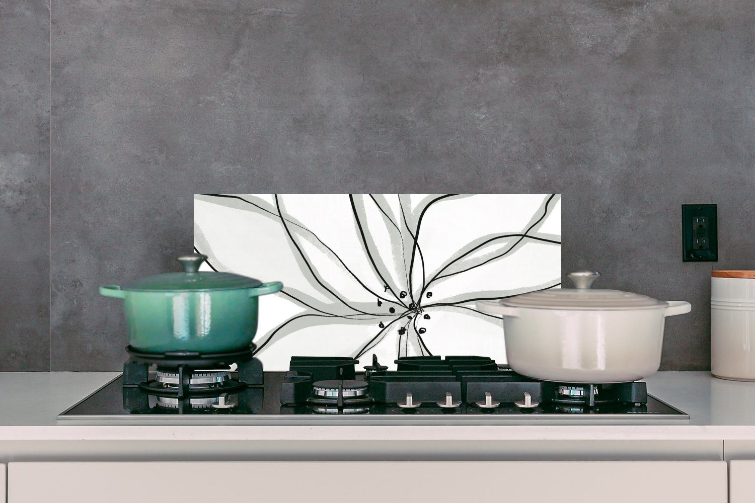MuchoWow Küchenrückwand - Kunst gegen Wandschutz, (1-tlg), und - Schwarz, Blume cm, Weiß Fett - 60x30 Schmutzflecken Küchen für
