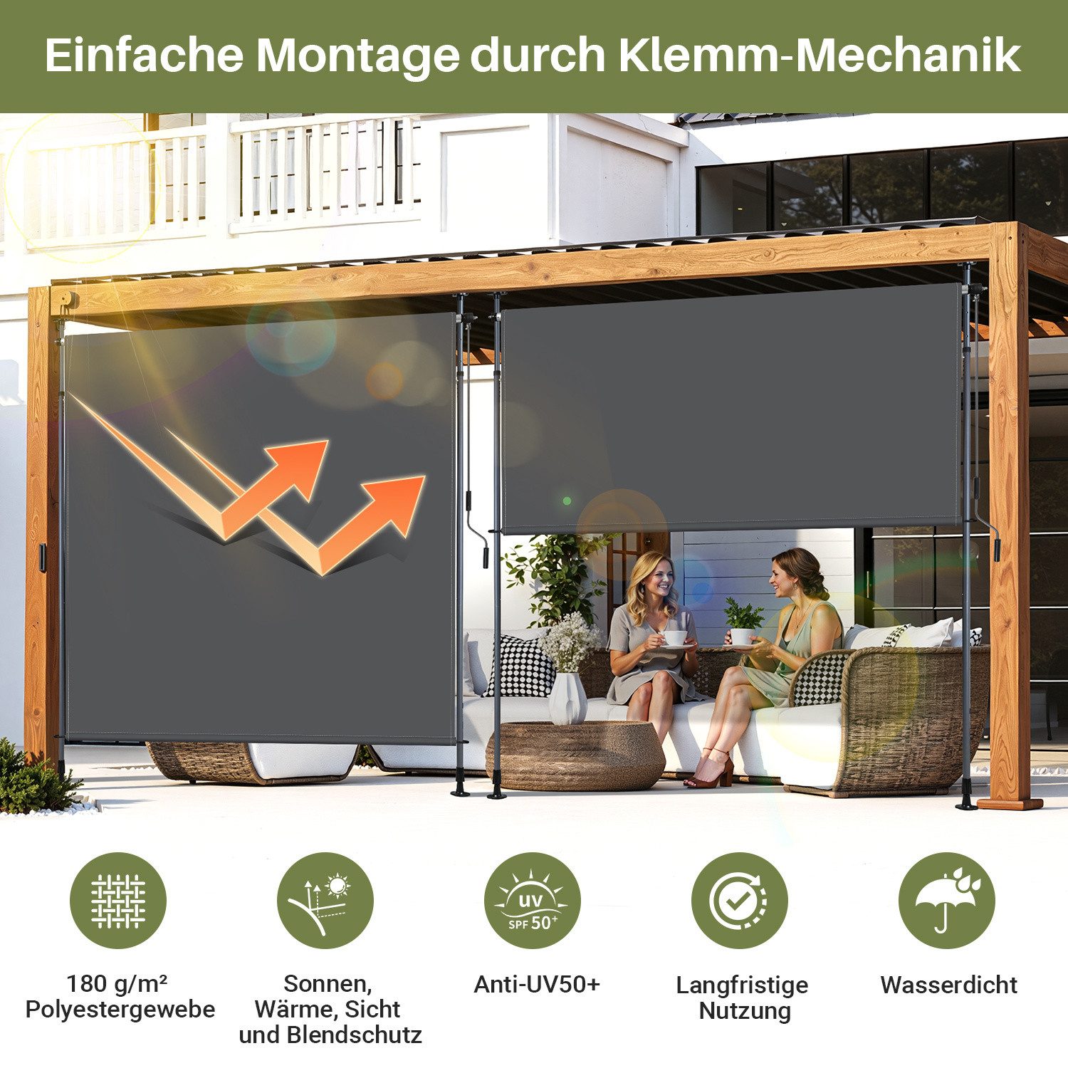 Clanmacy Senkrechtmarkise Klemmmarkise Außenrollo Balkon Sichtschutz Sonnenschutz mit Handkurbel ohne Bohren; mit Handkurbel; 120/150/200 x 270 cm