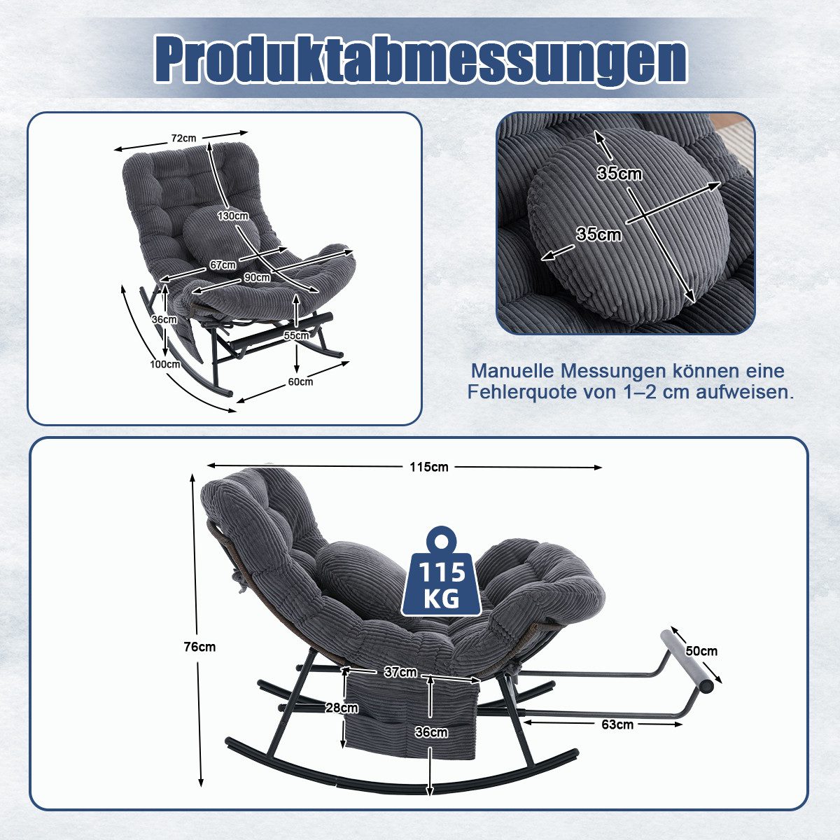 LVHOM Schaukelstuhl ausziehbarer Fußstütze, dick gepolstert, Metallgestell, In-/Outdoor (zusätzliches Zierkissen, Seitentaschen, ergonomisches Design, Sitzmöbel/Liegeschaukel/Relaxsessel/Wohnaccessoire, 120kg Tragfähigkeit), Ideal für Wohnzimmer, Schlafzimmer, Spielzimmer, Arbeitszimmer, Garten