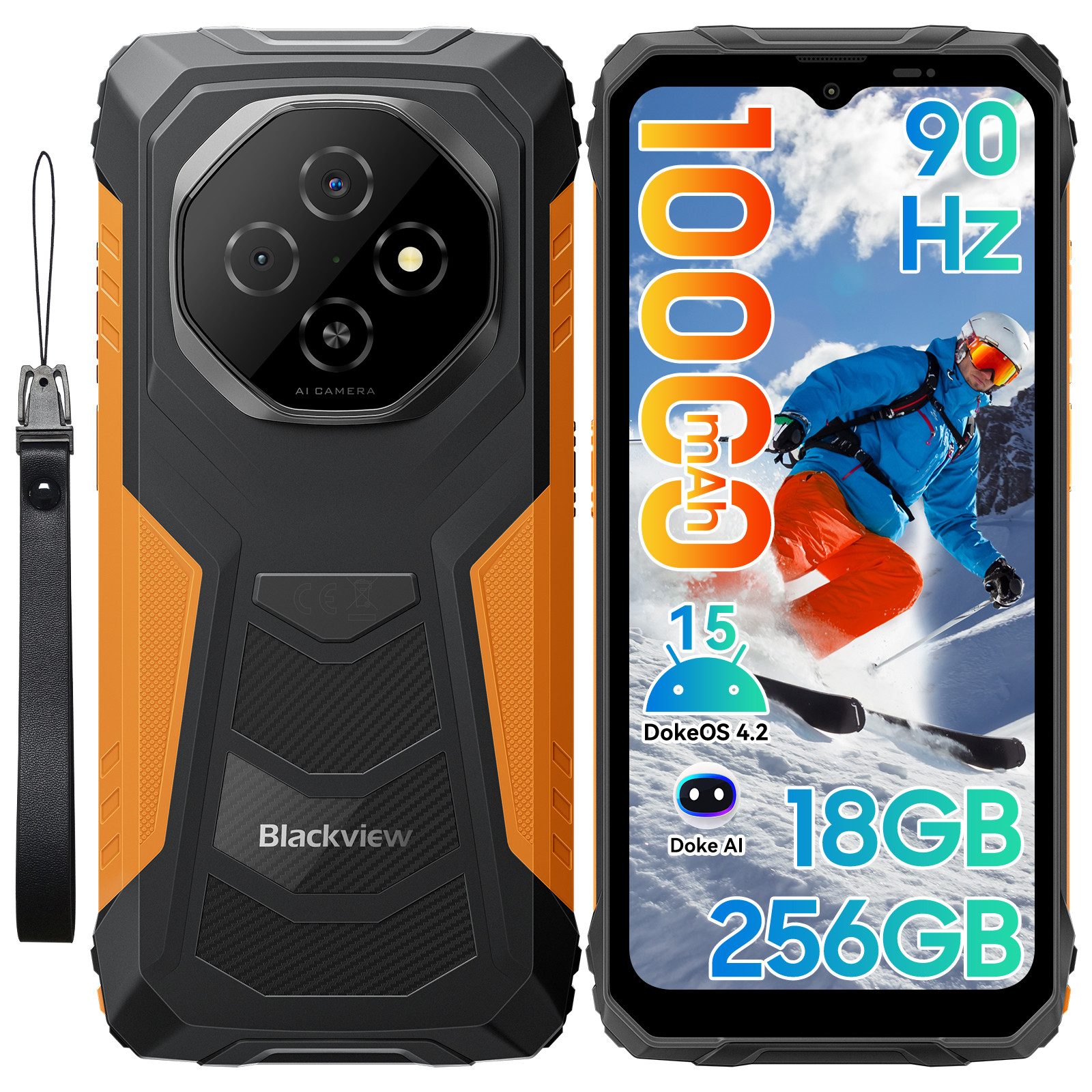 blackview FORT 1 Android 15, AI, Outdoor Smartphone (256 GB Speicherplatz, 6.56”, 90Hz, fingerprint, NFC,10000mAh, 18W)
