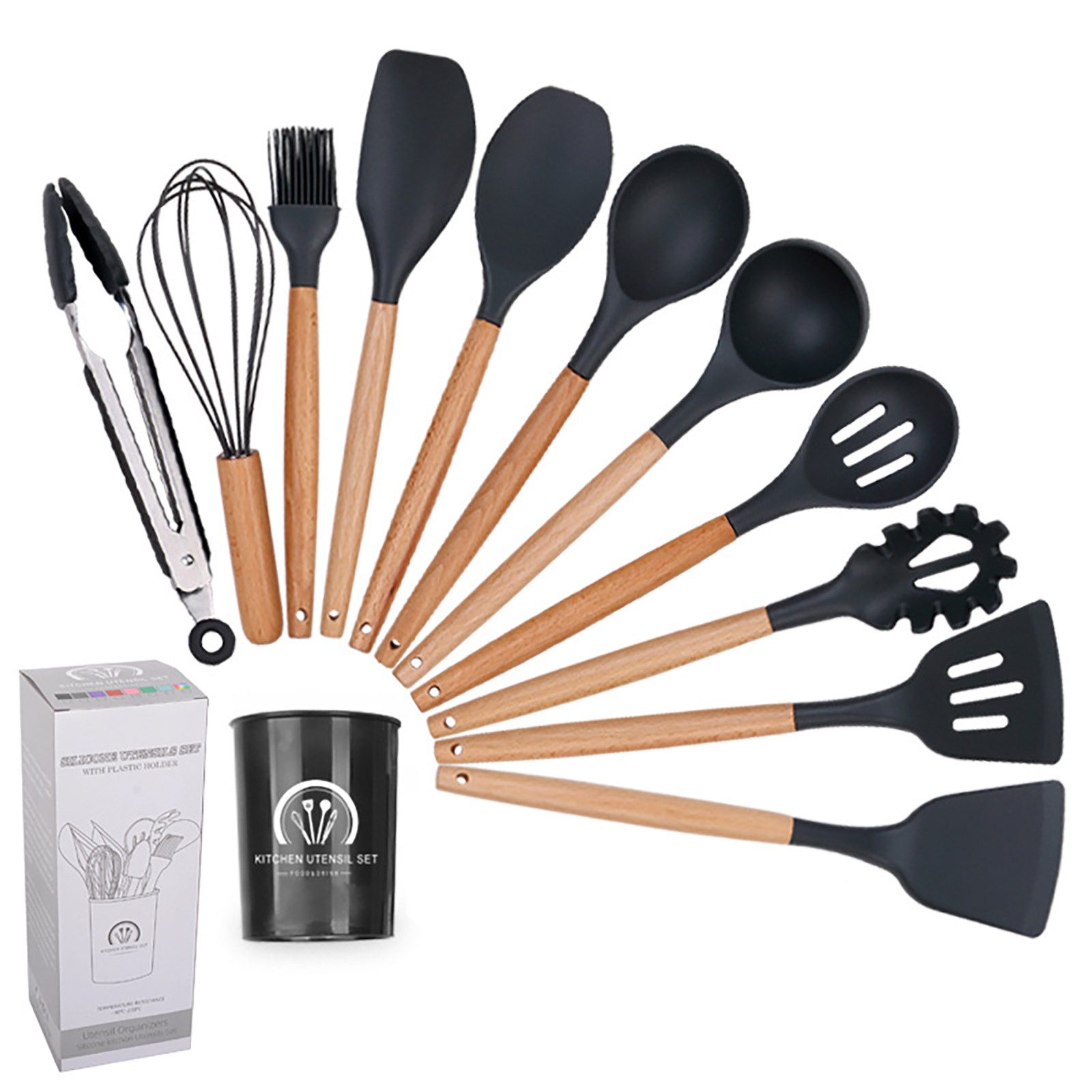 AIMAX Kochbesteck-Set Küchengerät 12 Stück Küchenhelfer Set (Küchenutensilien mit Hochwertige Holzgri), Antihaft Hitzebeständiger Silikonspatel Set
