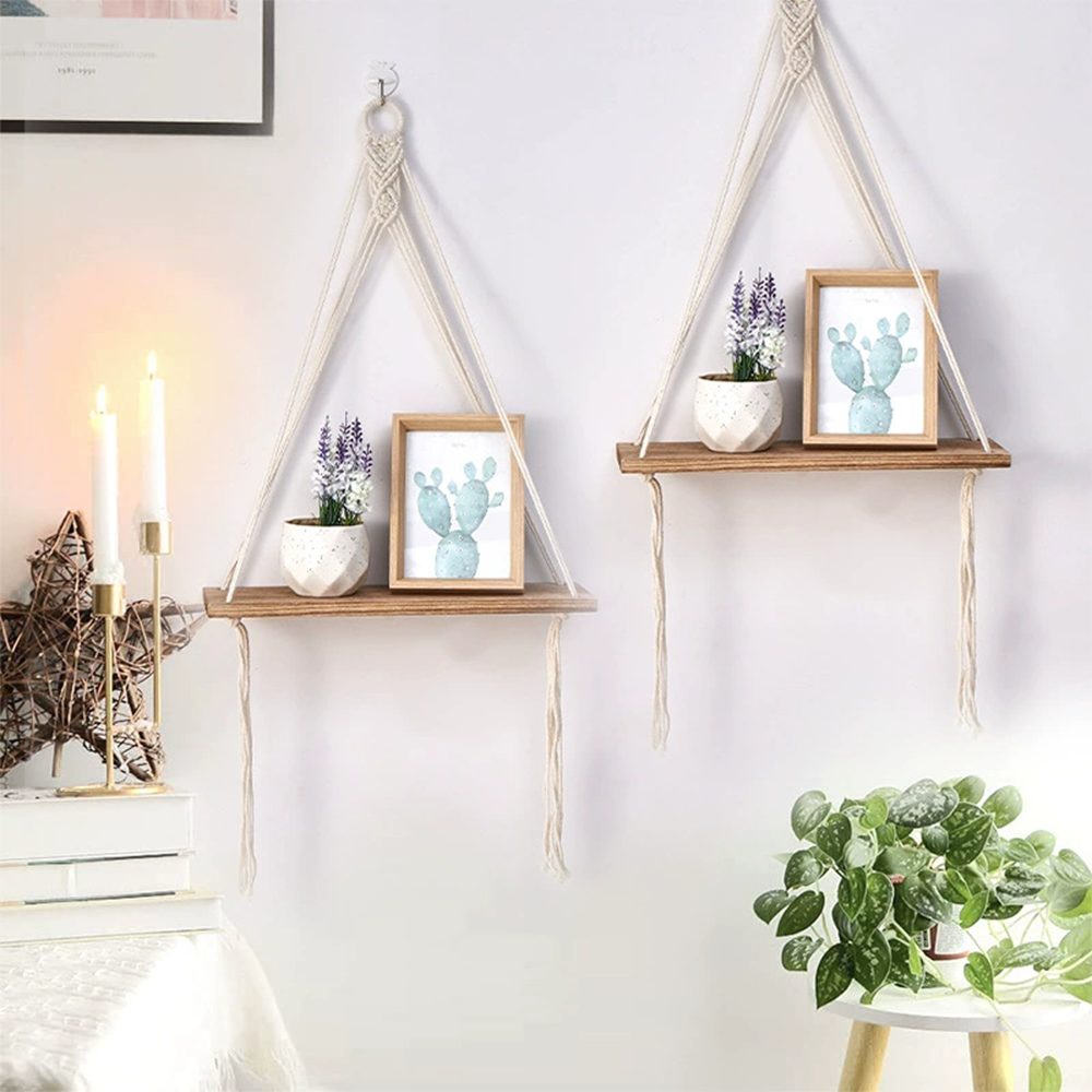 Agger Hängeregal Makramee-Hängeregal,Wandhalterung Dekohänger, Boho-Dekoratives Hängeregal, Baumwollseil, für Schlafzimmer,Wohnzimmer