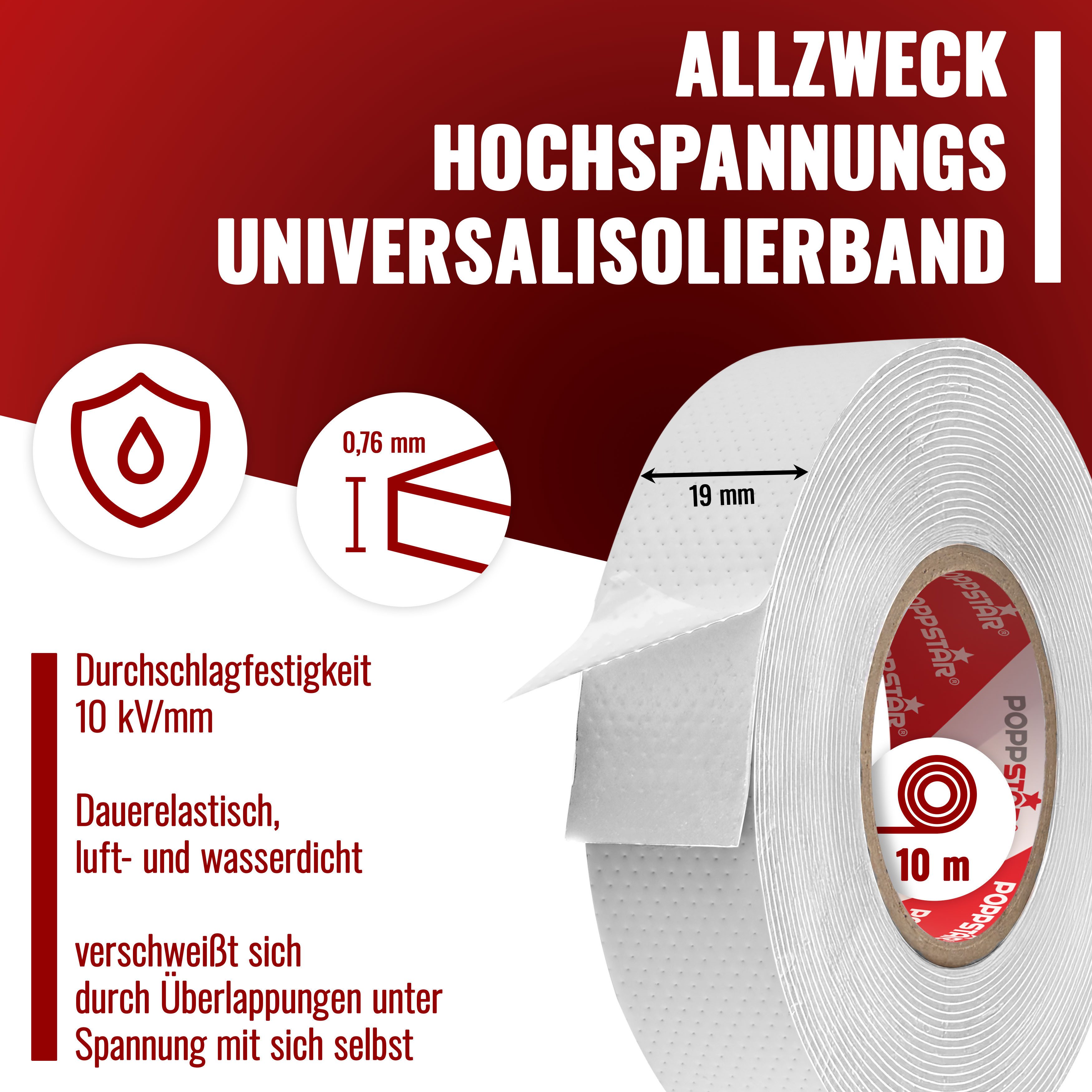 Poppstar Isolierband Selbstverschweißendes Isolierband, 10m x 19mm x 0,76mm, weiß