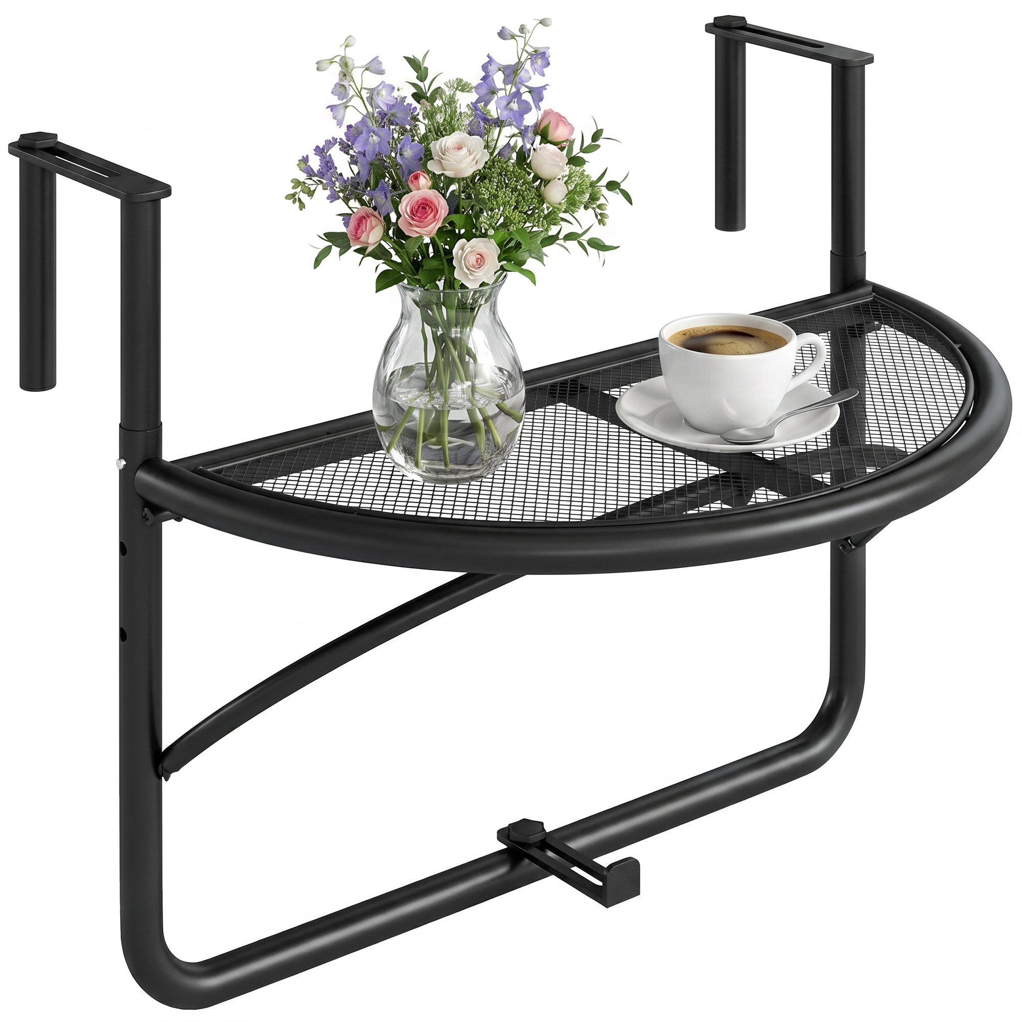 Outsunny Balkonhängetisch höhenverstellbar halbrund Terrasse (Gartentisch, 1-St., Gartenbalkonmöbel), Schwarz 60 x 47 x 50 cm