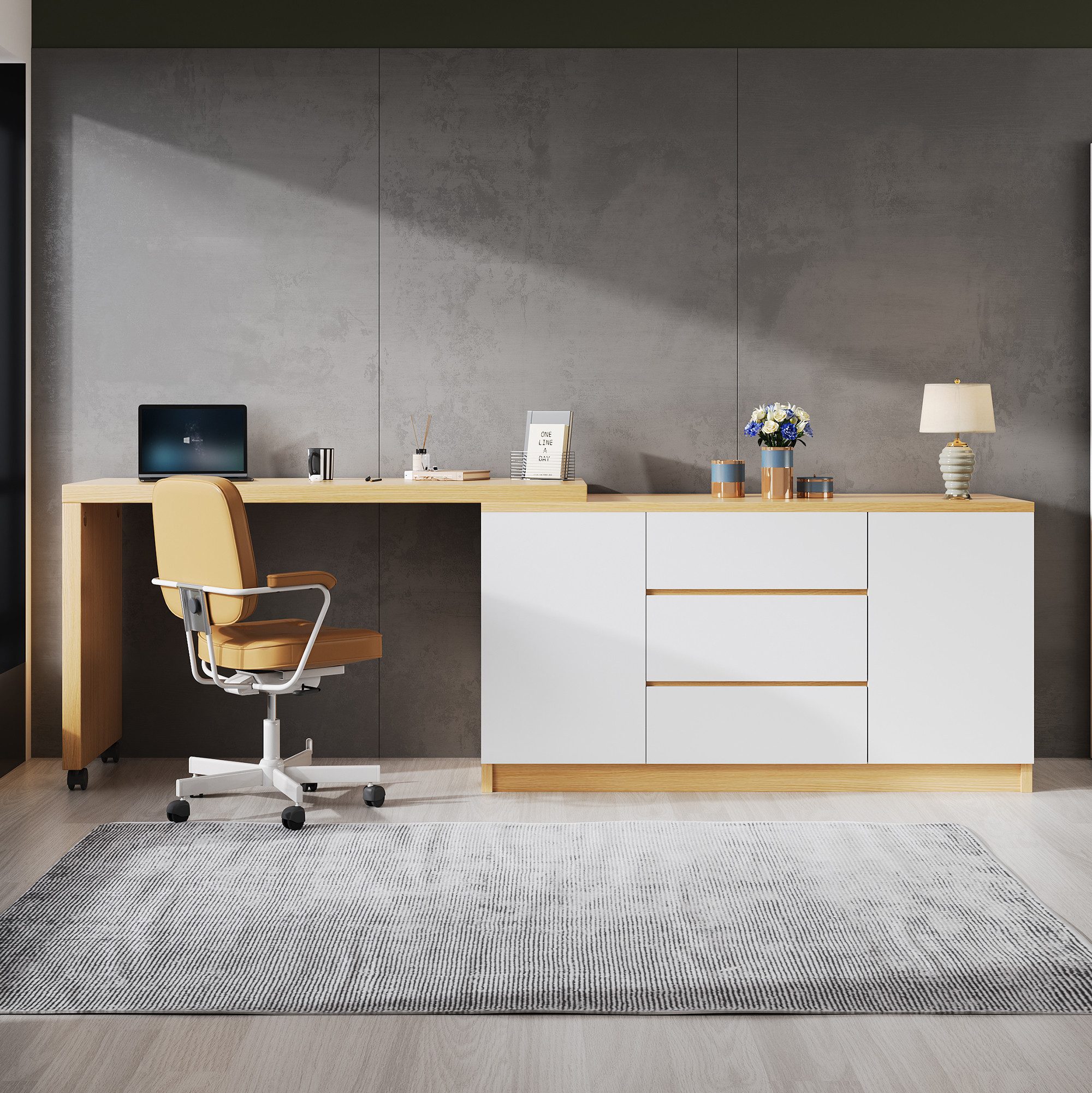 Flieks Kommode mit 360° drehbare Tisch, Rollen und Schubladen (2 St., mit verstellbaren Einlegeböden), Schreibtisch Sideboard Mehrzweckschrank Arbeitstisch weiß&Eiche