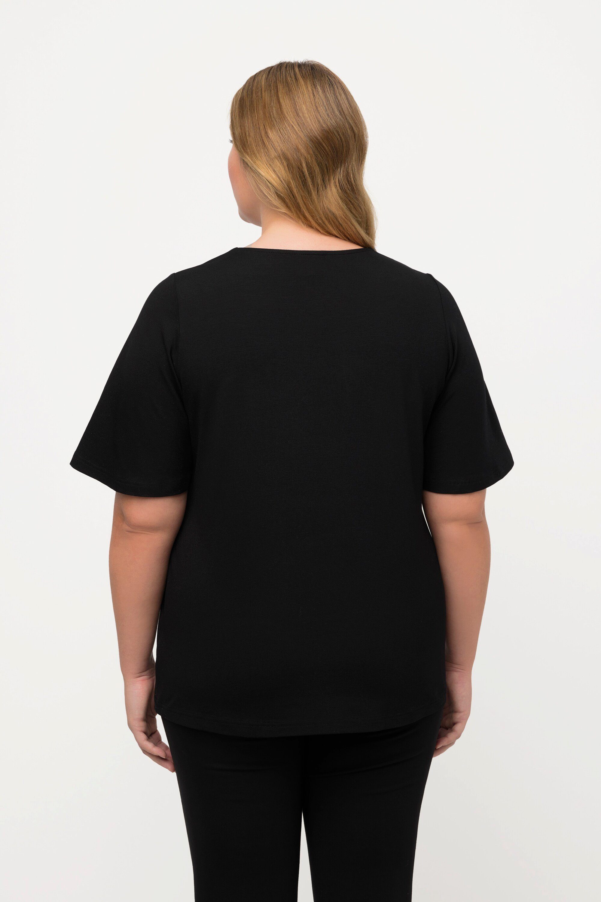 T-Shirt V-Ausschnitt Halbarm Blätter schwarz Popken Rundhalsshirt Ulla