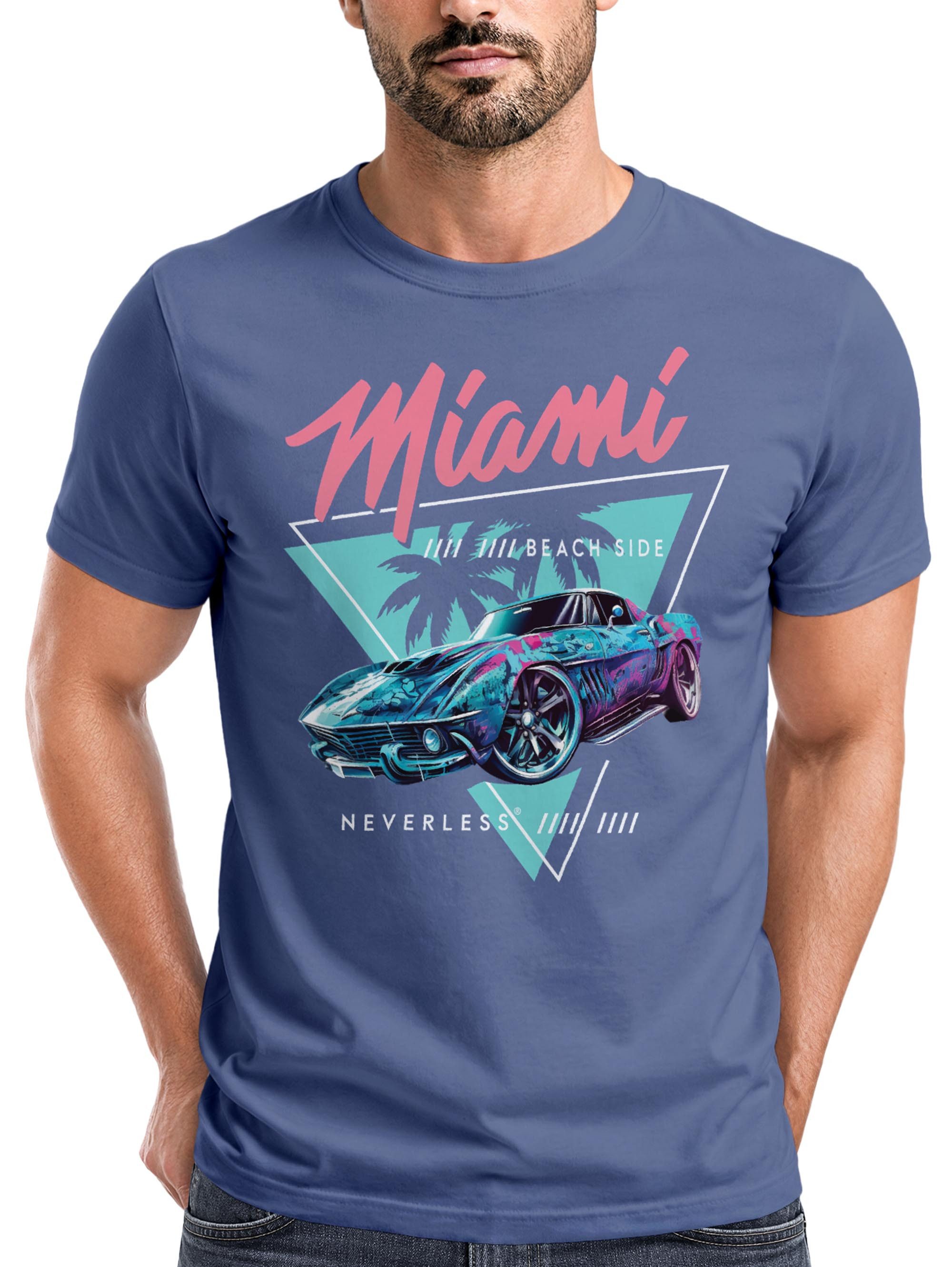 Neverless Print-Shirt Herren T-Shirt Bedruckt Miami Beach Surfing Motiv USA Retro Automobil mit Print