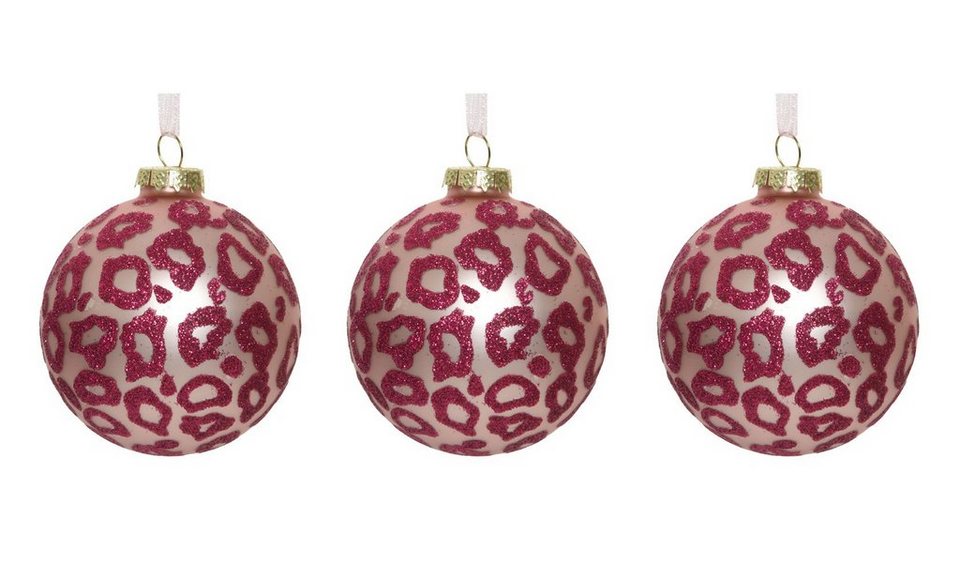 Decoris season decorations Weihnachtsbaumkugel, Weihnachtskugeln Glas 8cm  mit Leoparden Muster 3er Set pink