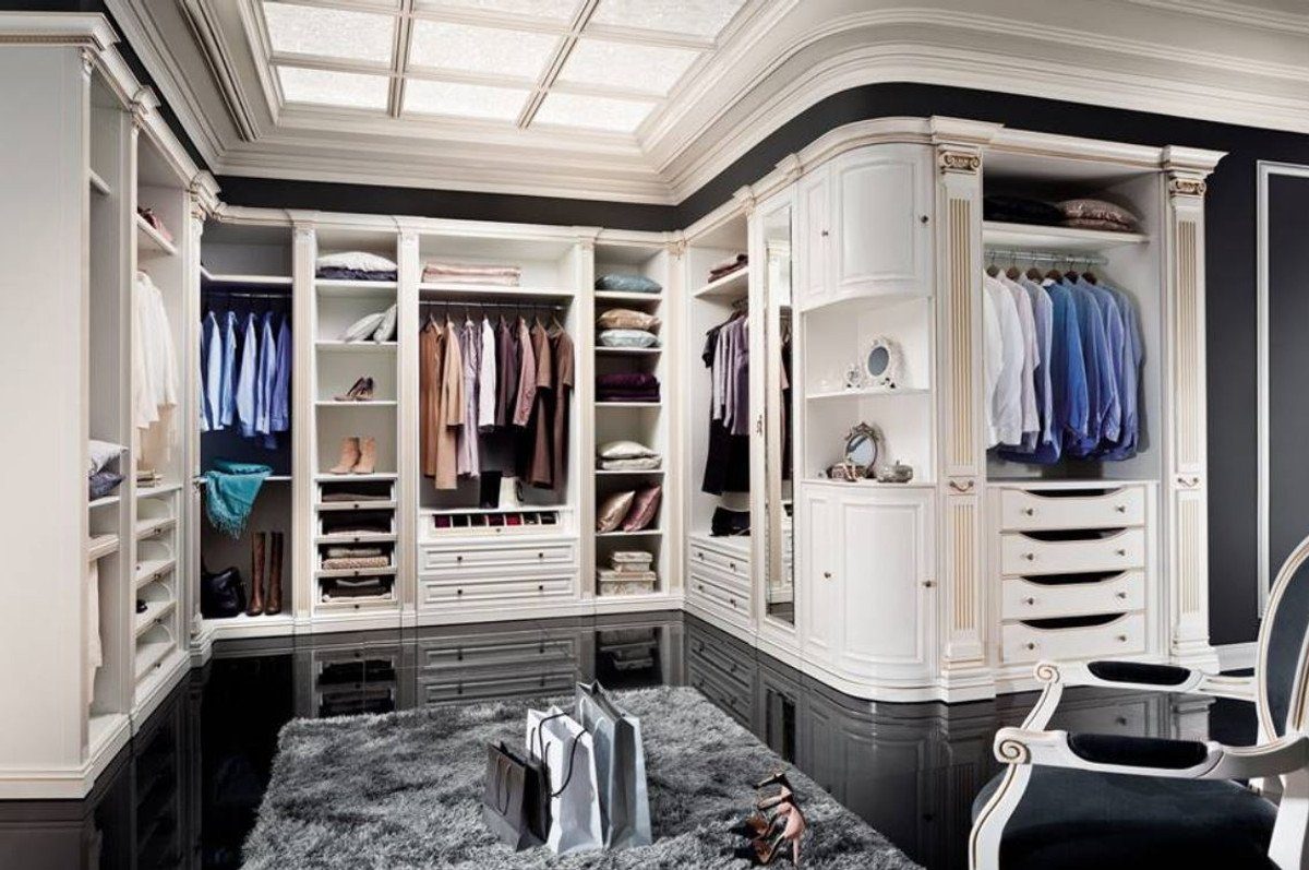 Casa Padrino Kleiderschrank Luxus - - Offener Massivholz Weiß Hotel - Kleiderschrank Qualität Möbel begehbarer Luxus - Gold Schlafzimmer Möbel Kleiderschrank / Schlafzimmer - Edle Barock Schrankwand