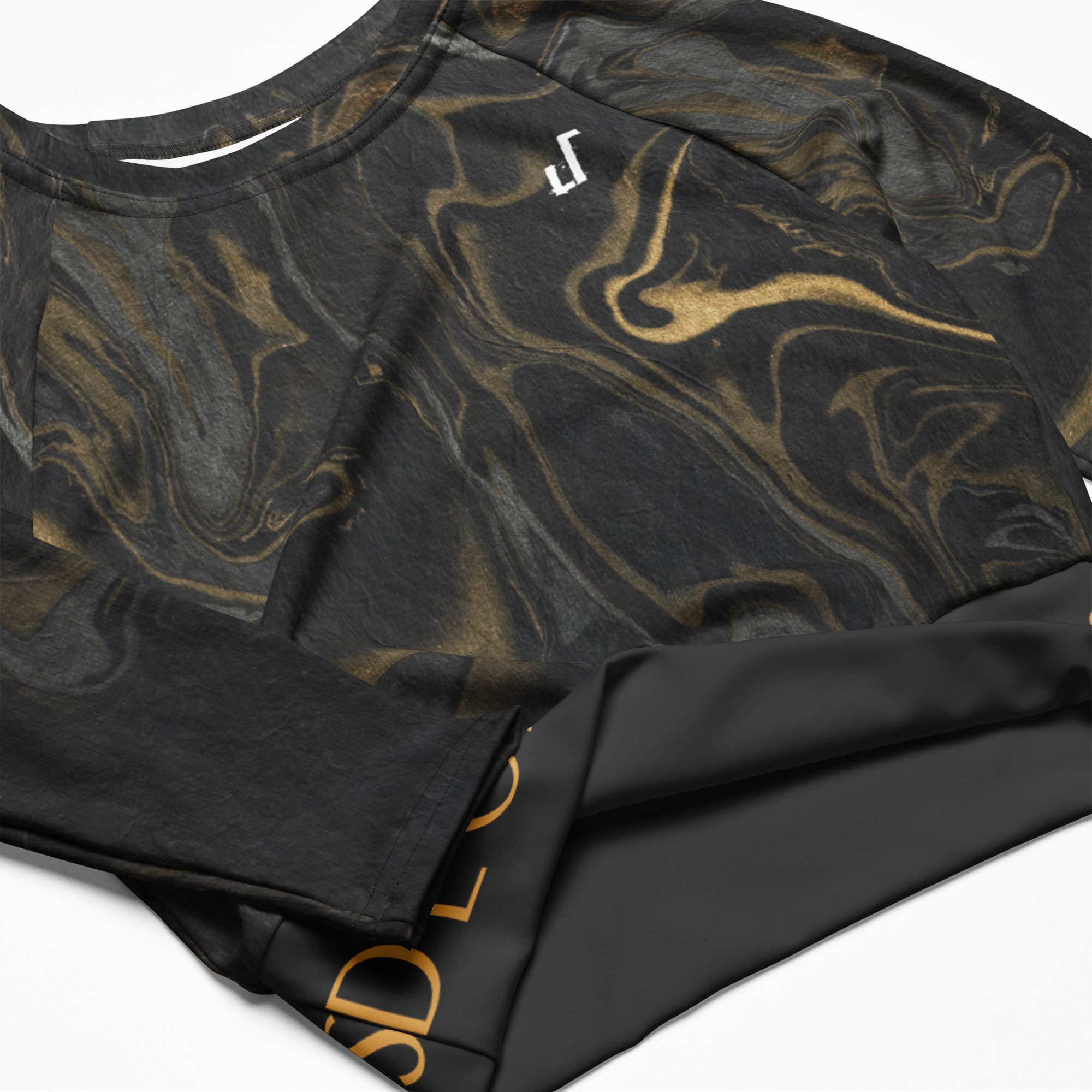DECALVIBES Crop-Top Crop Top mit langen Ärmeln Ultimate Liquid Color Gold & Black UPF 50+, lange Raglanärmel, Crop-Schnitt, recyceltes Material
