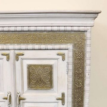 Oriental Galerie Unterschrank Weiß Gold Sideboard Yasha Indien 180cm Massivholz Kommode Wohnzimmer, Echtholz, Schlafzimmer, Küche