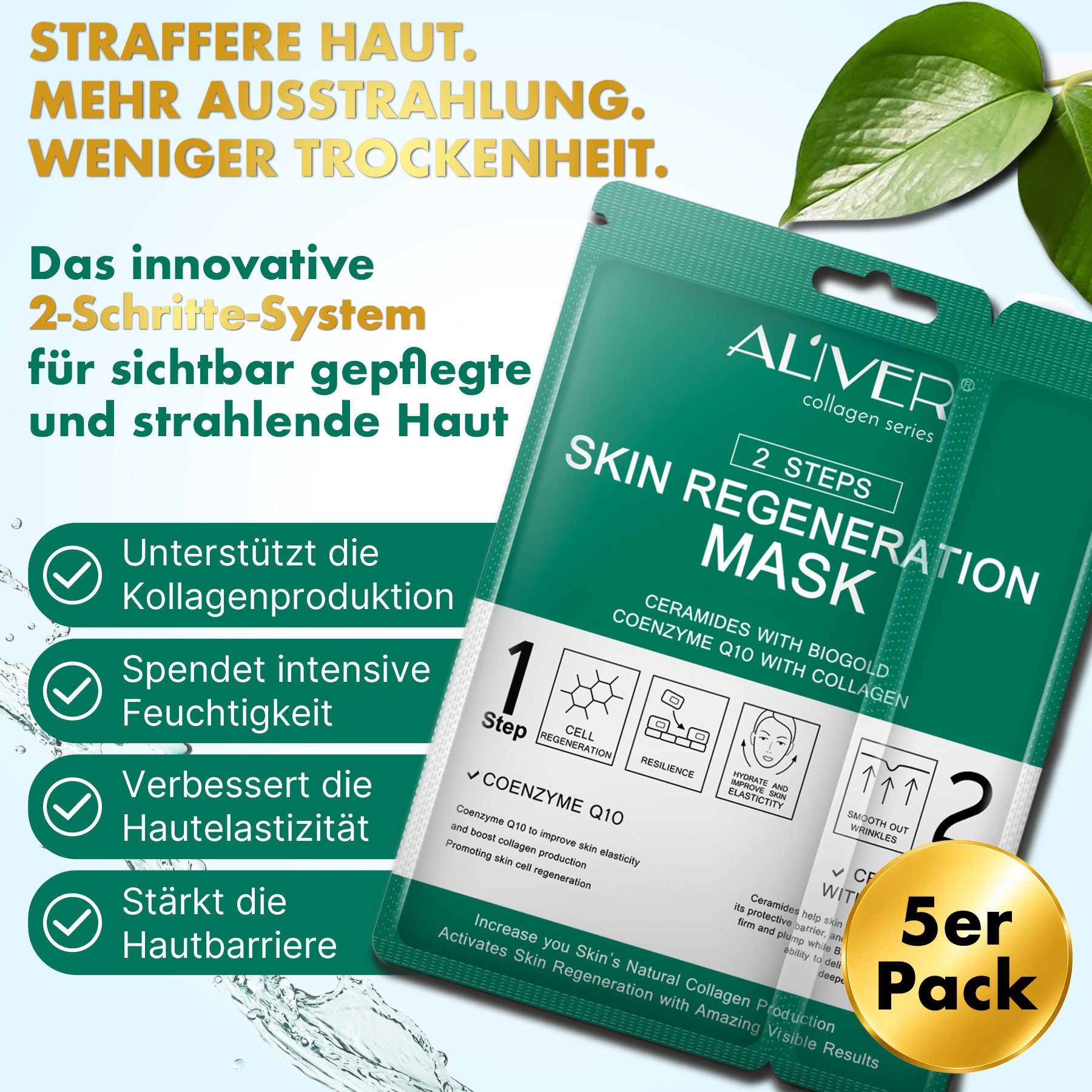 ALIVER Gesichtsmaske Tuchmaske 2-Step-System Anti-Aging Pflege mit Kollagen Coenzym Q10, 5-tlg., Hautstraffung, Nährend, Regenerieren, Revitalisieren, Verunreinigungen