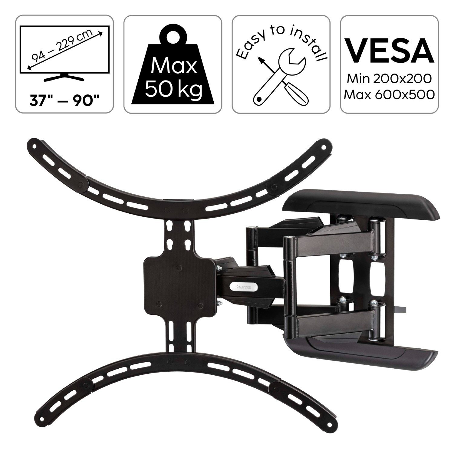 Hama TV-Wandhalterung FULLMOTION TV Wandhalterung 37" bis 90" 5 Gelenke, (bis 90 Zoll, Wand-Halter Schwenkbar VESA-Formate bis 600x500 Monitor 37" - 90" Zoll)