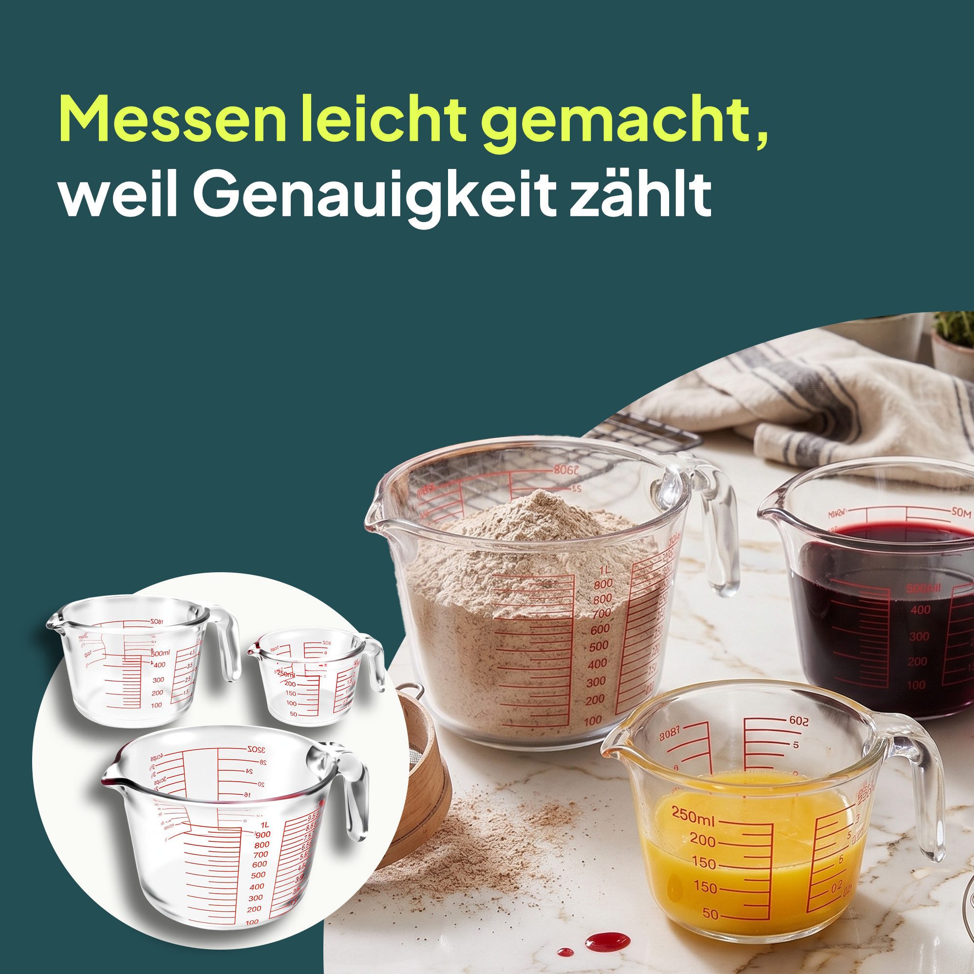 uandu home Frischhaltedose Messbecher Glas Set 3-teilig (1000ml, 500ml, 250ml), (Profi Küchenhelfer zum Backen & Kochen, Spülmaschinenfest, BPA-frei), Hitzebeständiges Borosilikatglas, Auslaufsicherer Ausgießdeckel