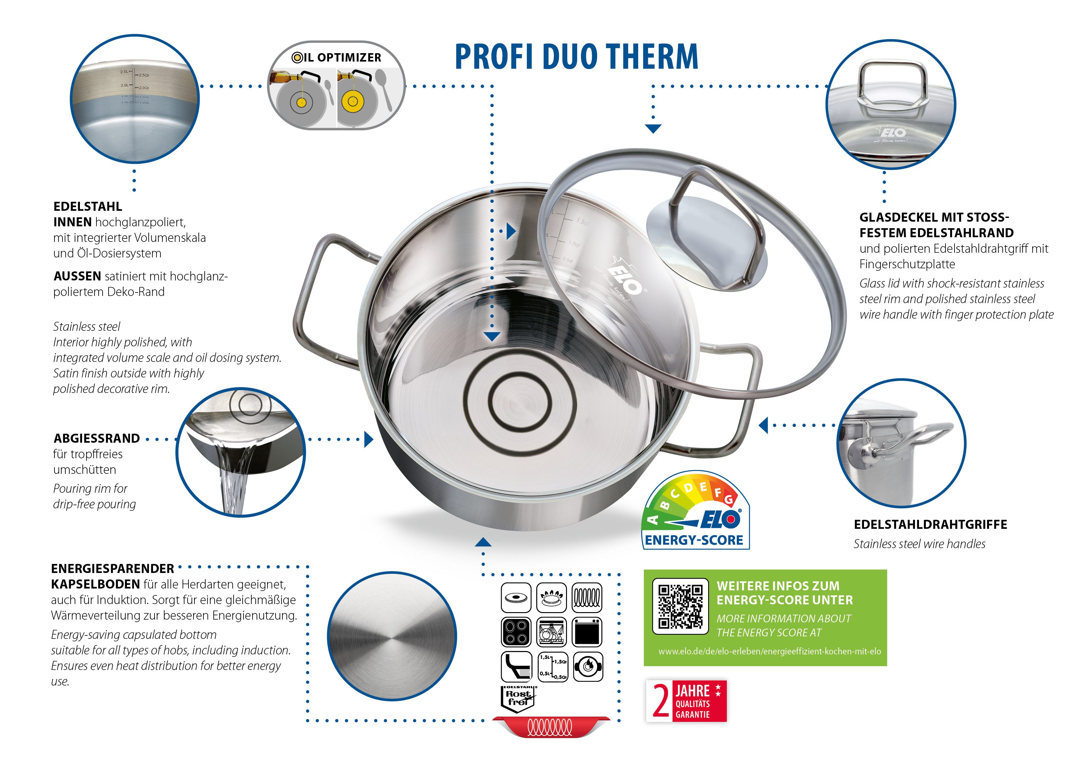 Elo Basic Topf-Set Basic Profi Duo Therm Topfset 6-teilig, Edelstahl (Set, 10-tlg), Volumenskala, integriertes Öl-Dosiersystem