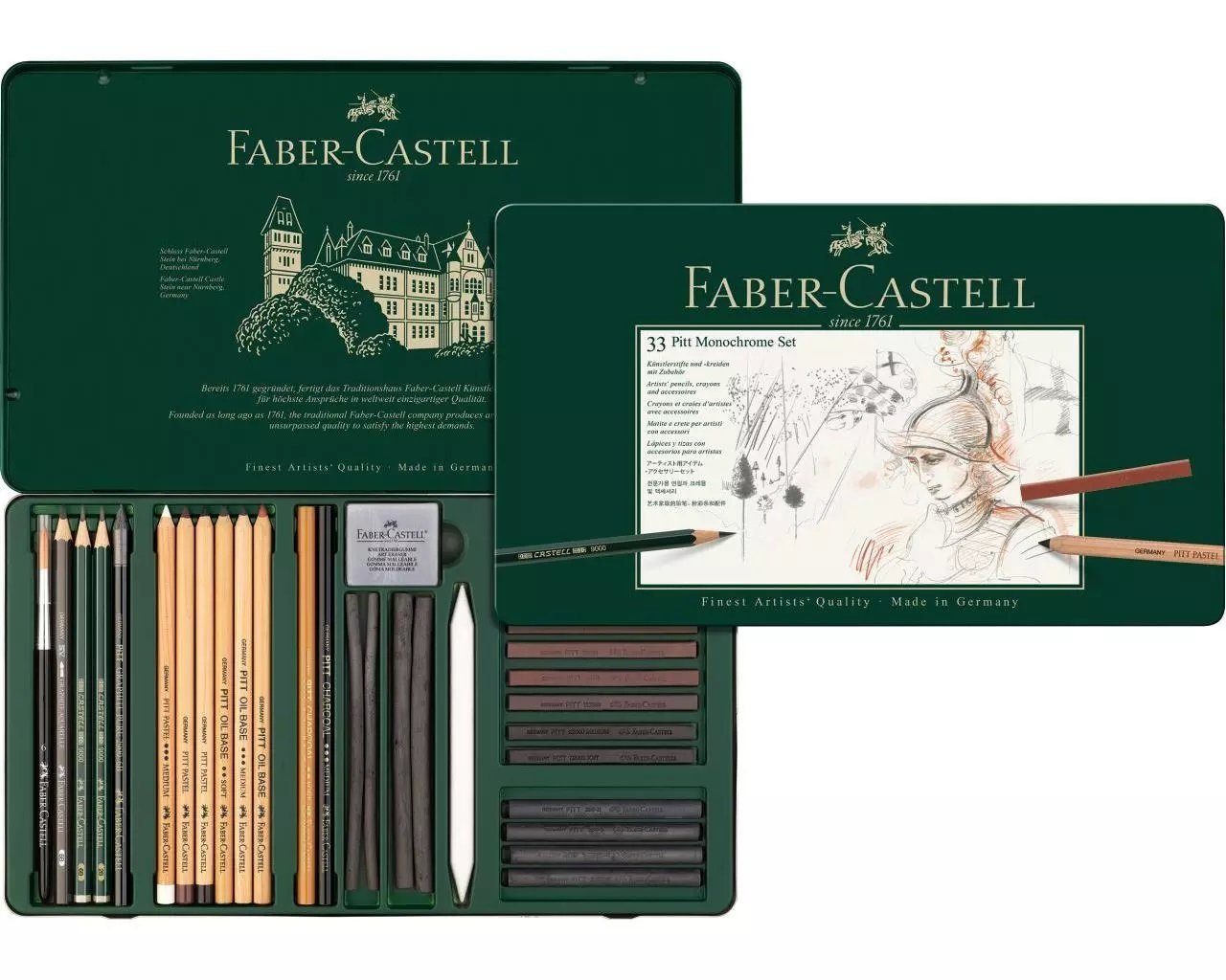 Faber-Castell Kreativset 33er Metalletui Pitt Monochrome Set Stifte und Kreiden mit Zubehör, (Zeichen-Set, 33-tlg., 33-tlg. Set)