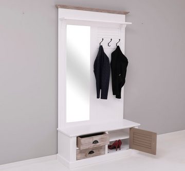 Massivholzmoebel-Becker Garderobe Spiegelgarderobe aus Massivholz mit Sitzfläche, 3 Haken, Schuhfächern und 2 Schubladen