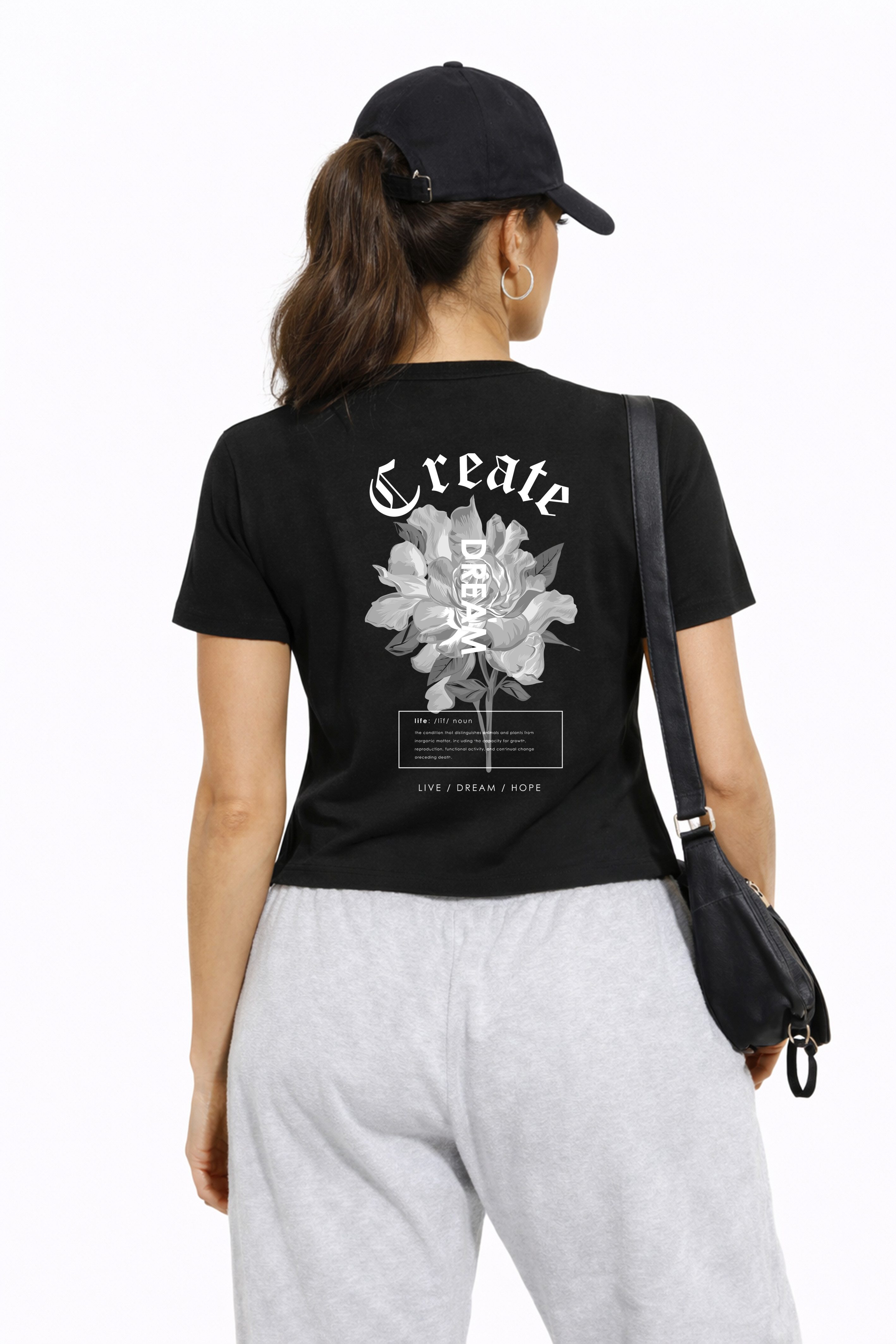 T-Shirt Damen "Create Dream" - schwarzes Kurzarmshirt mit Blumenprint
