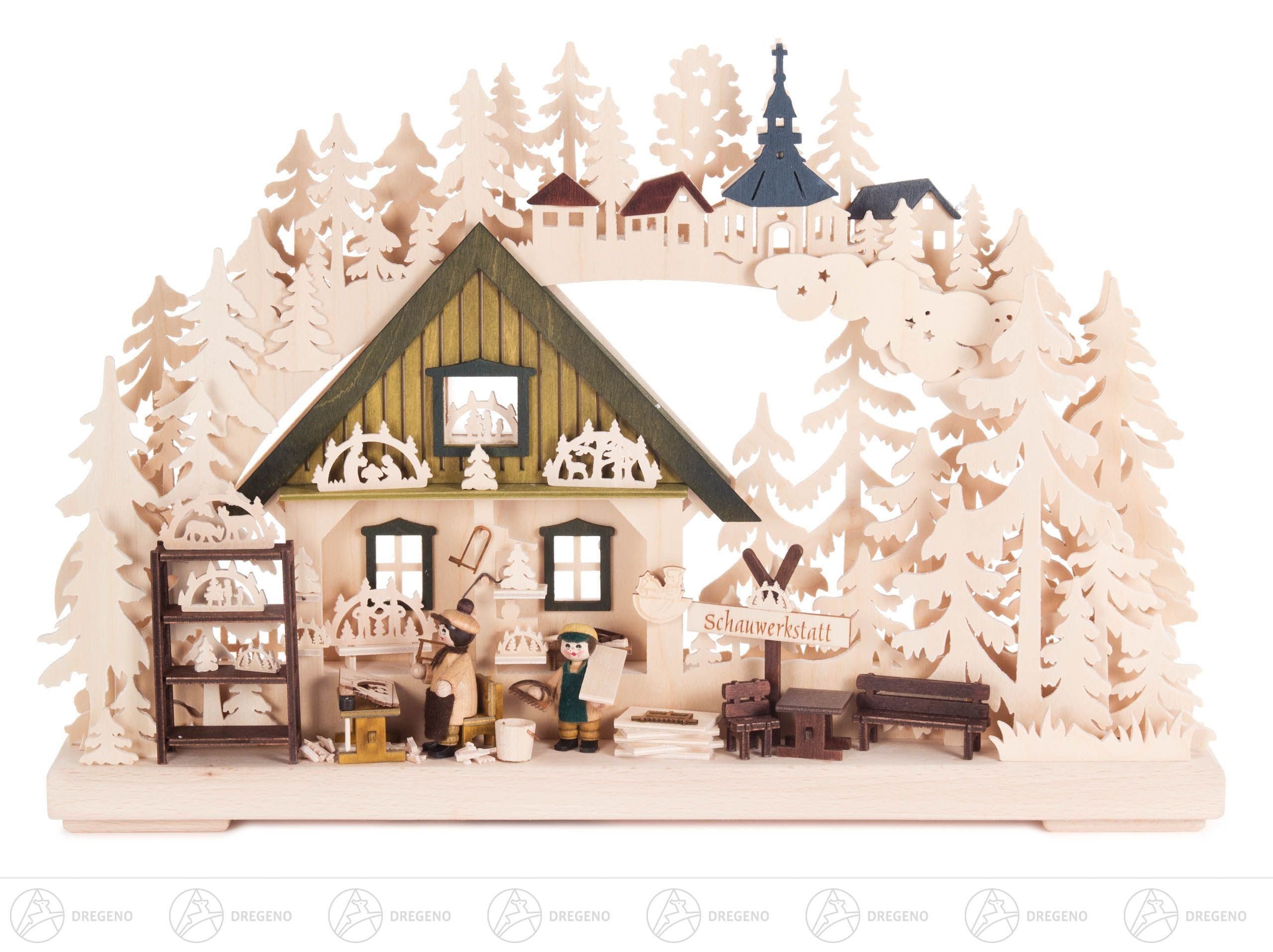 Dregeno Erzgebirge Lichterbogen Schwibbogen "Schauwerkstatt" mit Schwibbogenherstellern, indirekt