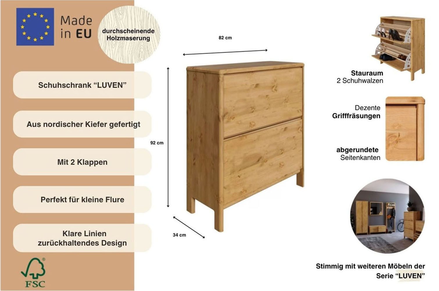 OTTO home Schuhschrank Luven FSC® zertifiziertes Massivholz, mit 2 Klappen