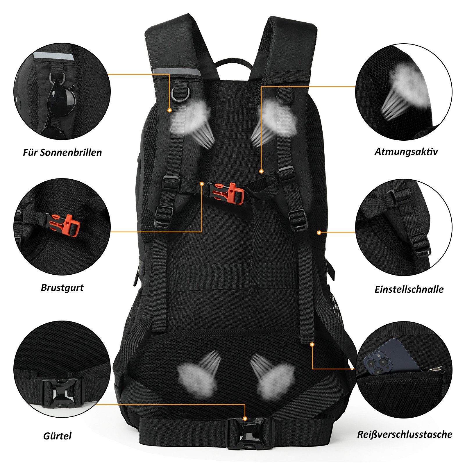 TAN.TOMI Wanderrucksack 45L Wanderrucksack Herren Damen, Wasserdicht Trekkingrucksack (inkl. Reflexstreifen, mit Federtasche, Geldbōrse und Laptopfach), Für Wan – Bild 5 von 5
