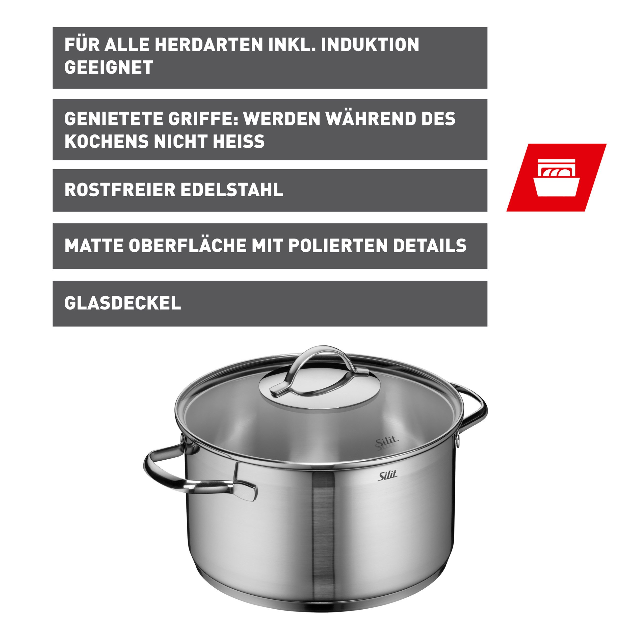 Silit Kochtopf Achat, Topf mit Deckel, Edelstahl 18/10 (2-tlg), rostfrei, Silitherm-Allherdboden, induktionsgeeignet