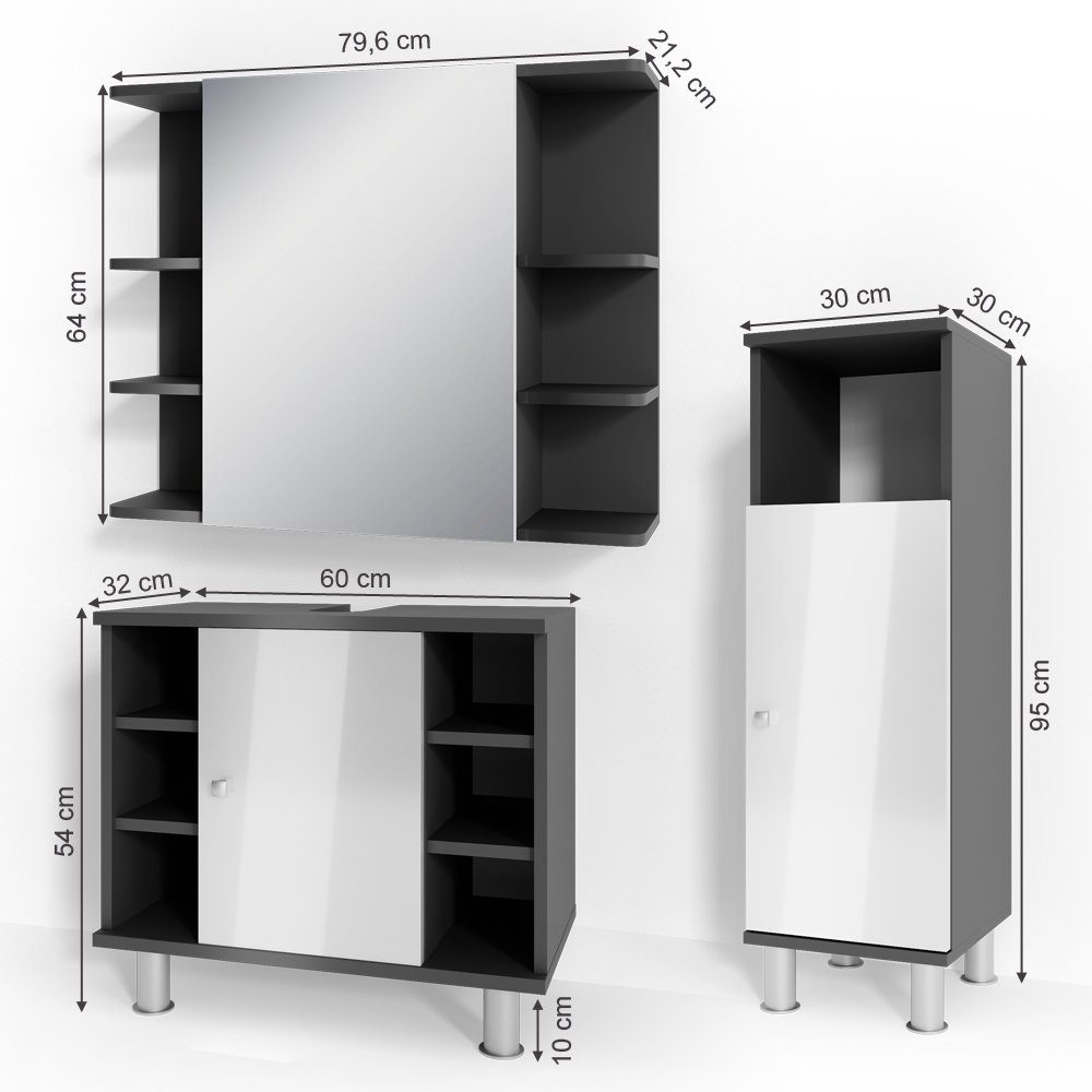 Vicco Badmöbel-Set Fynn, Anthrazit/Weiß Hochglanz, 3 Teile, mit Midischrank, (3-er Set, 3-St., 3er Set)