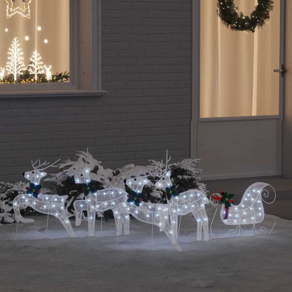 vidaXL Weihnachtsszene, LED Rentiere 5 pcs Weiß Stoff