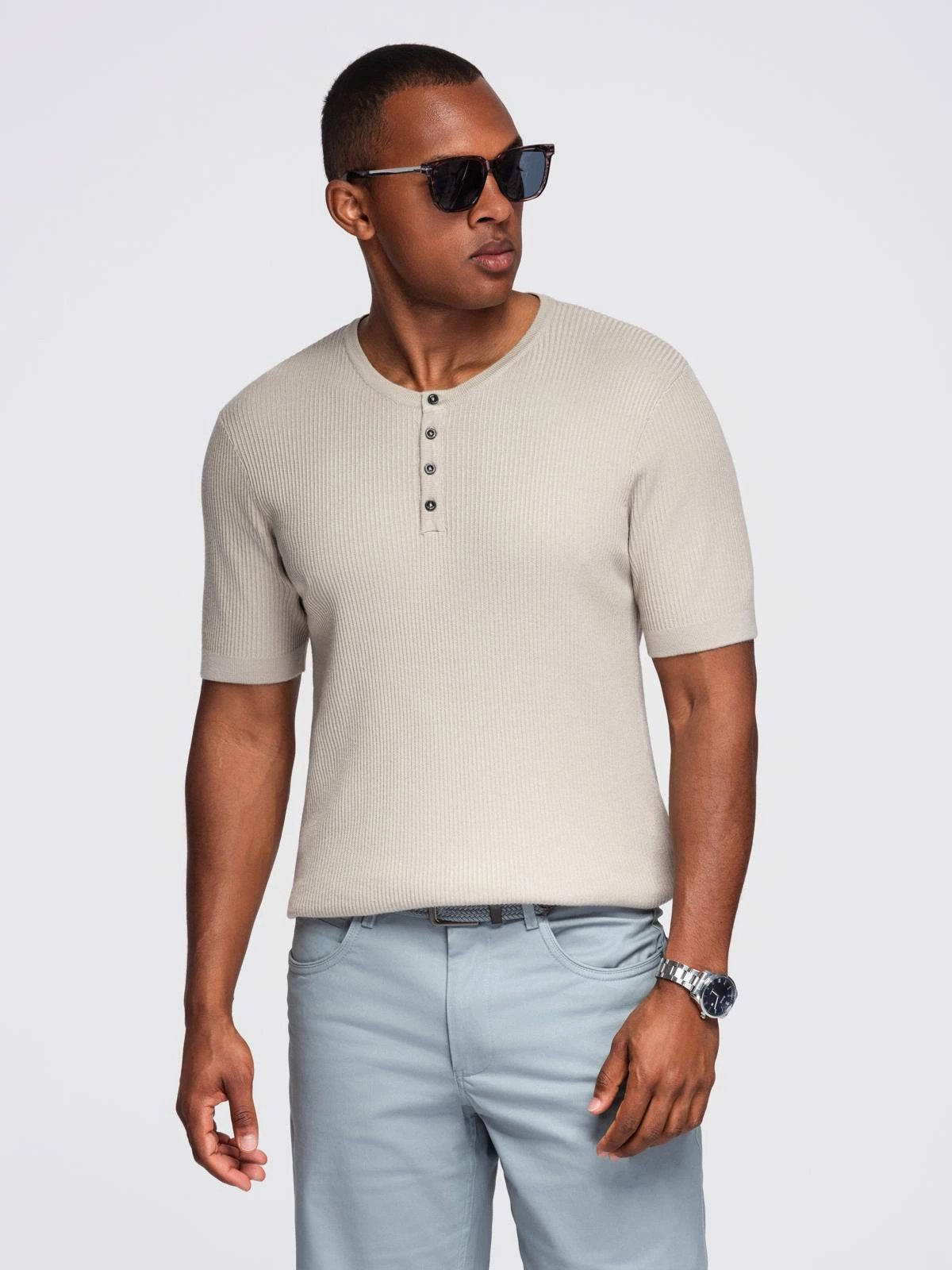 OMBRE T-Shirt Herren-Strick-T-Shirt mit Knöpfen am günstig online kaufen