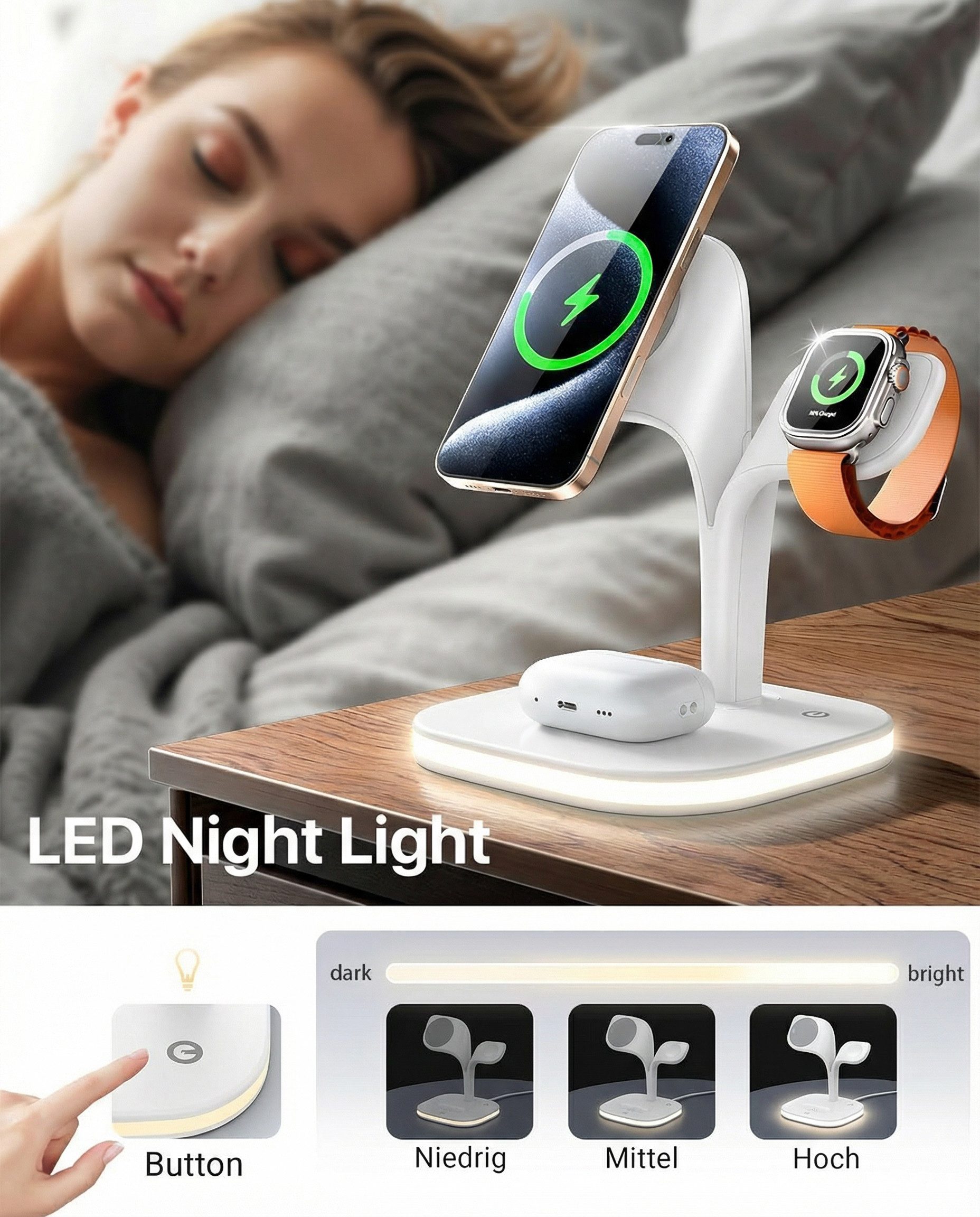GreenHec Ladestation 3in1 MagSafe Ladegerät Kabellos Induktiv Charger Stand Wireless Charger (3 mA, Spar-Set, 3in1 PowerBase + USB-C Kabel + 20w Dual Charger, i – Bild 4 von 5
