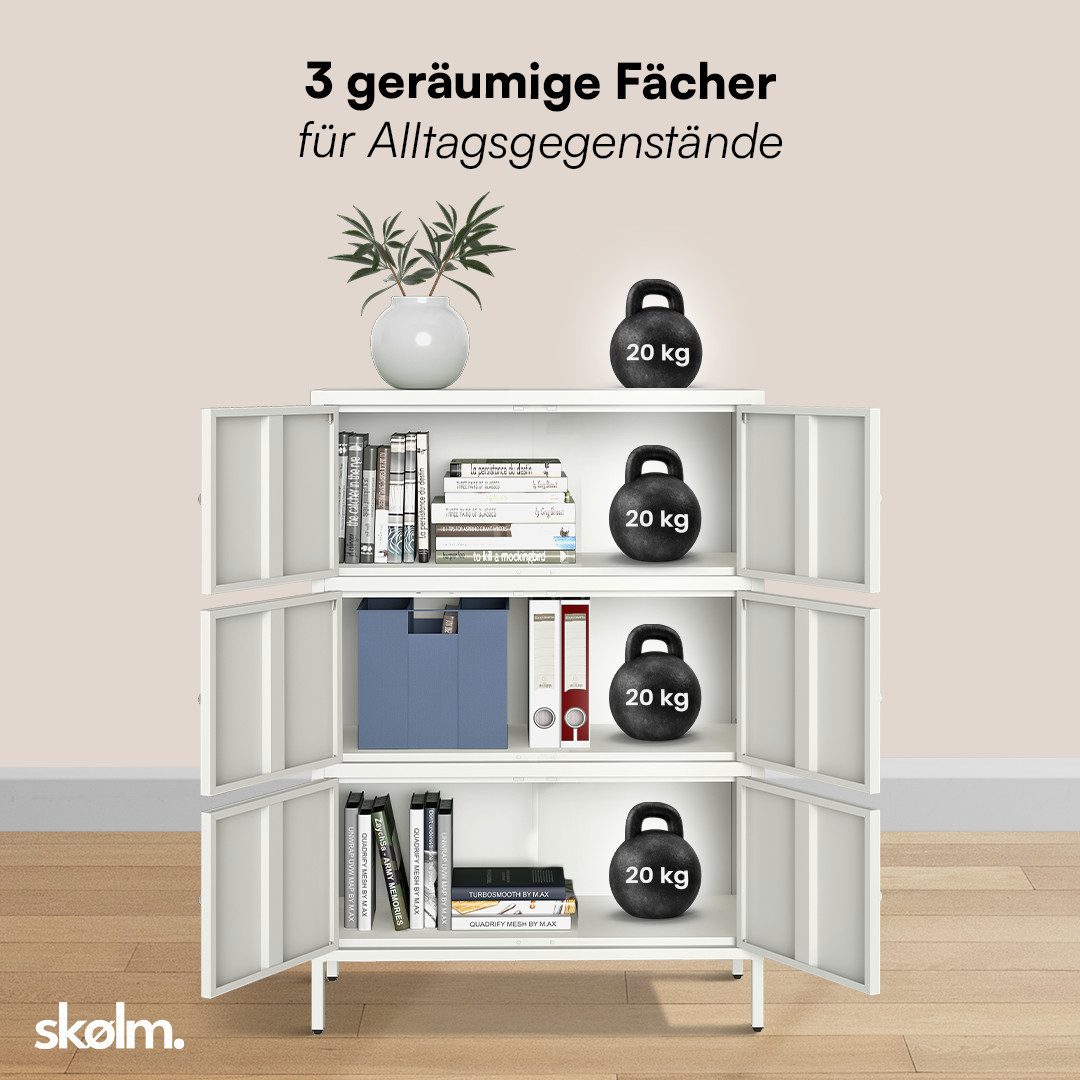 skølm Kommode Atriona aus Metall, Metallschrank mit Türen und Fächern (Weiß, 3 Fächer & 6 Türen), 113,5 x 80 x 38 cm, auch mit 2 Fächern – Bild 5 von 5